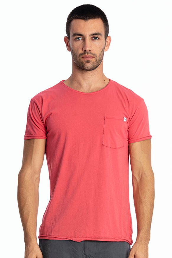 Image of RAVENS VIEW IBIZA mannen vegan T-Shirt Ronde Wild Neck Pocket Flamingo Pink
