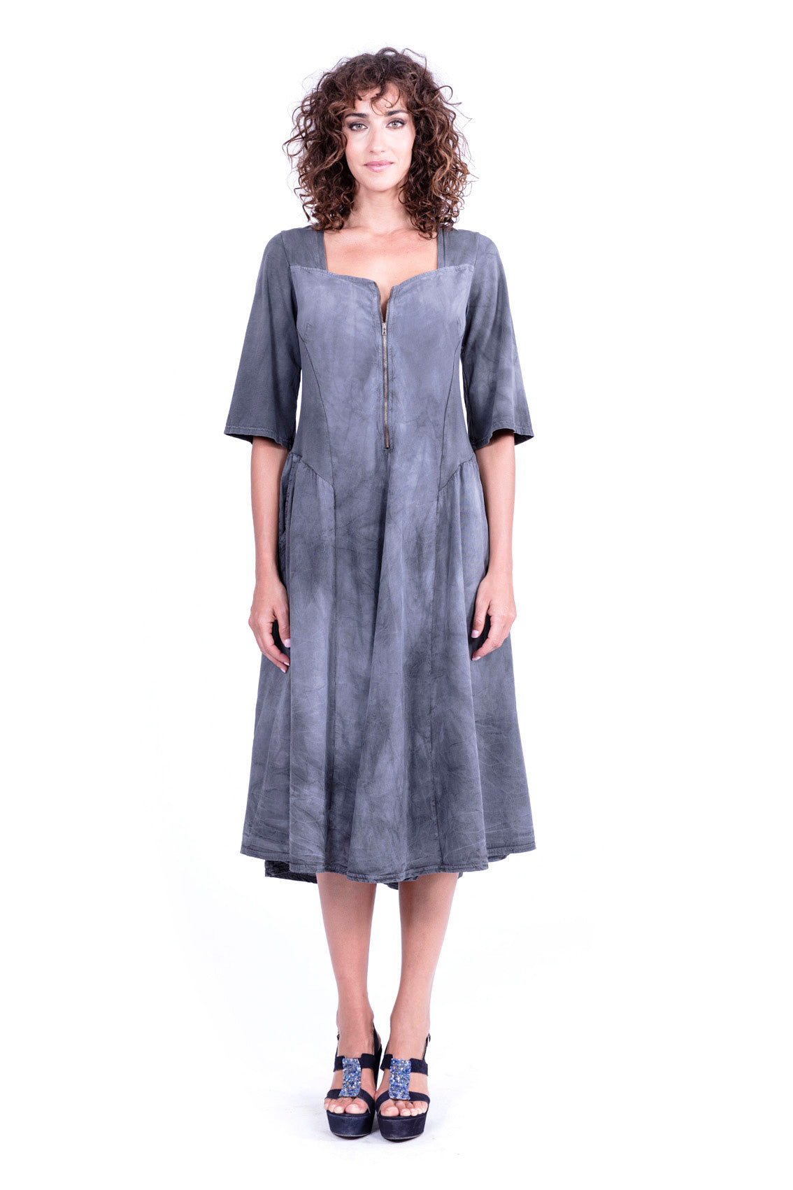 Image of RAVENS VIEW IBIZA dames vegan Jurk Zip Lange Mouw Aged Effect Antracietgrijs