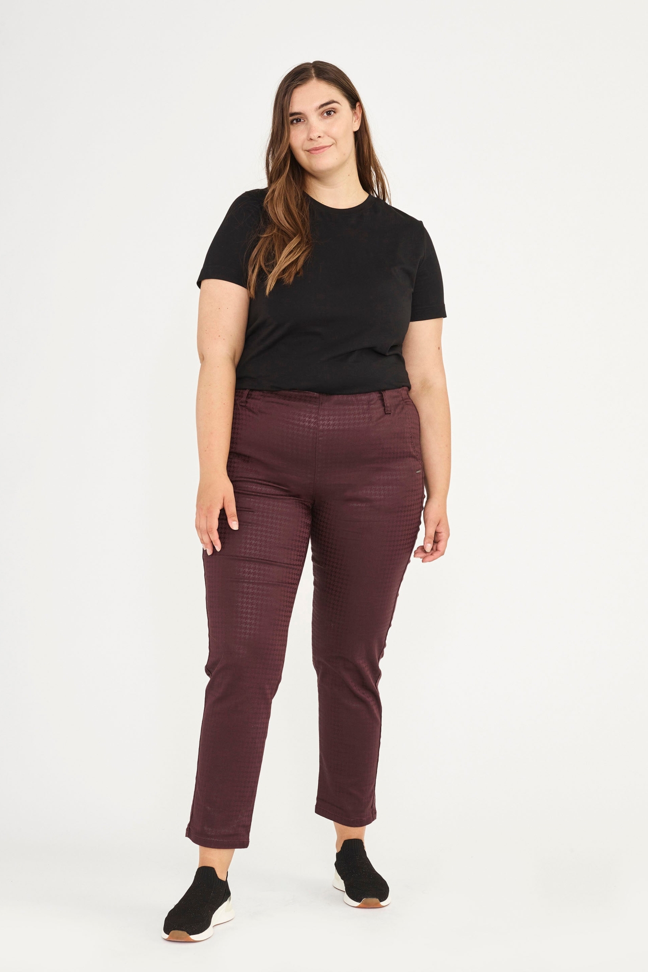 LAURIE Damen vegan Hose Taylor Regular Sl Dark Plum Houndstooth Print