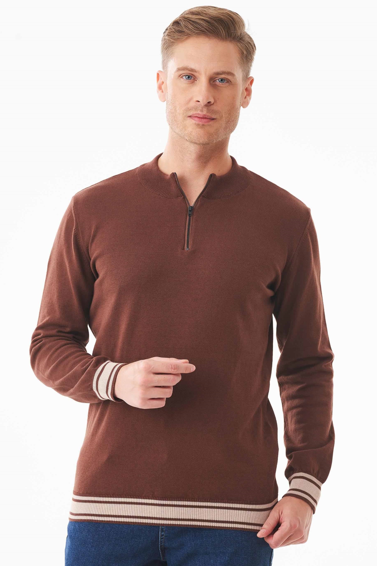 ORGANICATION Herren vegan Pullover Troyer Kragen Biologisch Baumwolle Braun