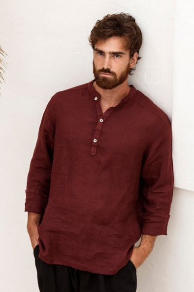 83317 - Herren vegan Leinenhemd Mykonos Dunkel Granat