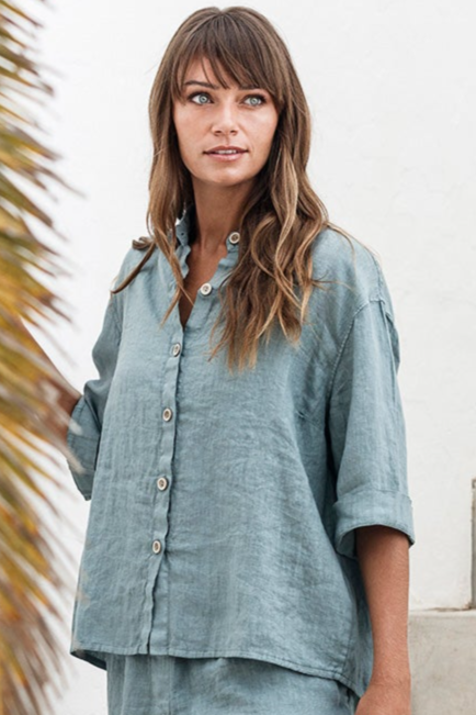 Image of RAVENS VIEW IBIZA dames vegan Linnen Blouse Zomer Chinois Groen