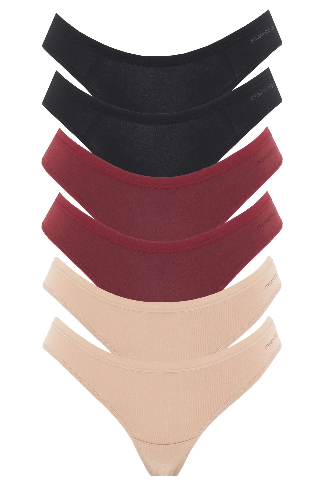 Image of ORGANICATION dames vegan Multipack 6-Pack String Kavinn Zwart, Beige & Bordeaux
