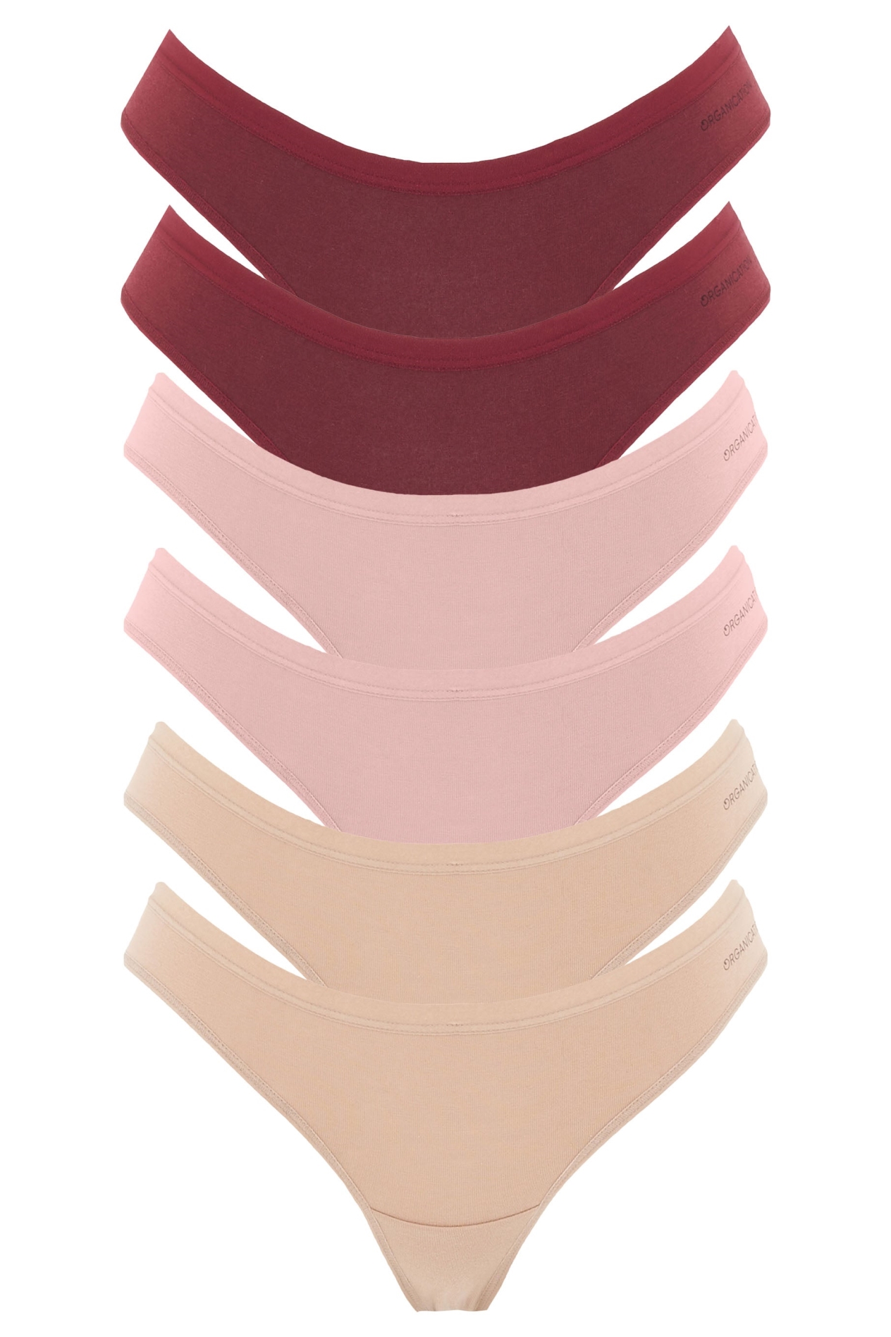 Image of ORGANICATION dames vegan Multipack 6-Pack String Kavinn Beige, Oudroze & Bordeaux