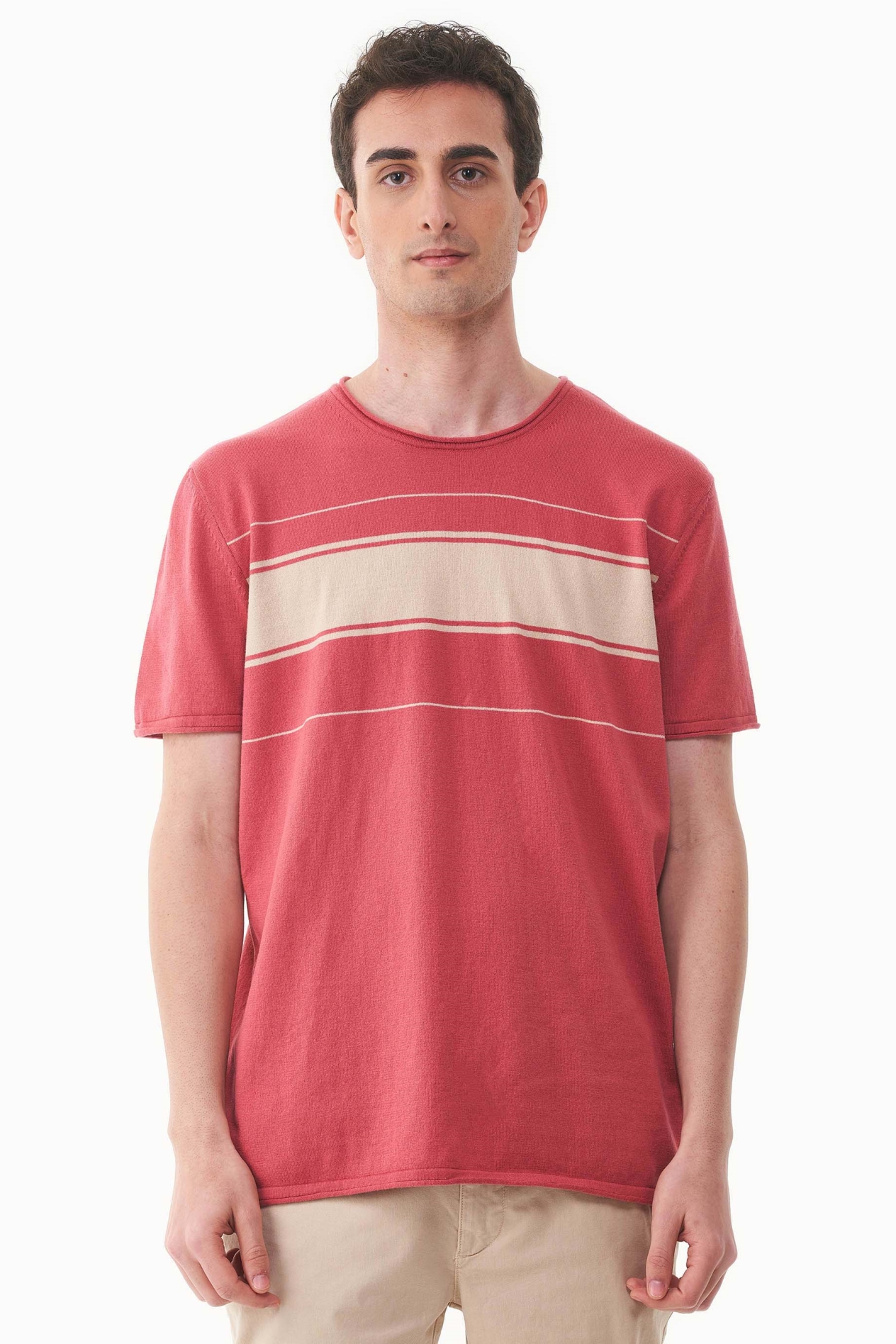 ORGANICATION Herren vegan Strickhemd Leuchtend Rot & Zartes Beige