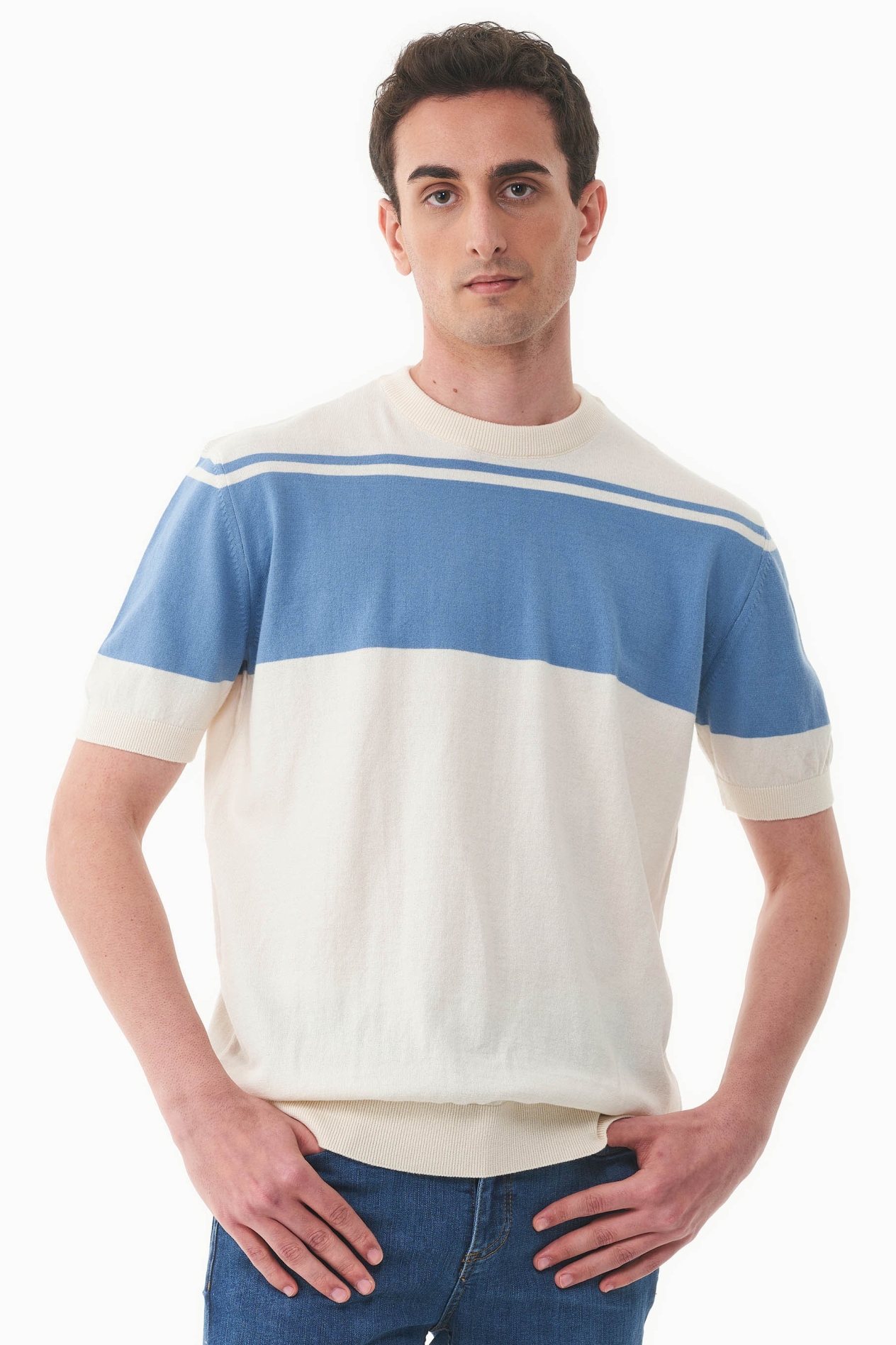 ORGANICATION Herren vegan Strickhemd Ecru & Coronet Blau