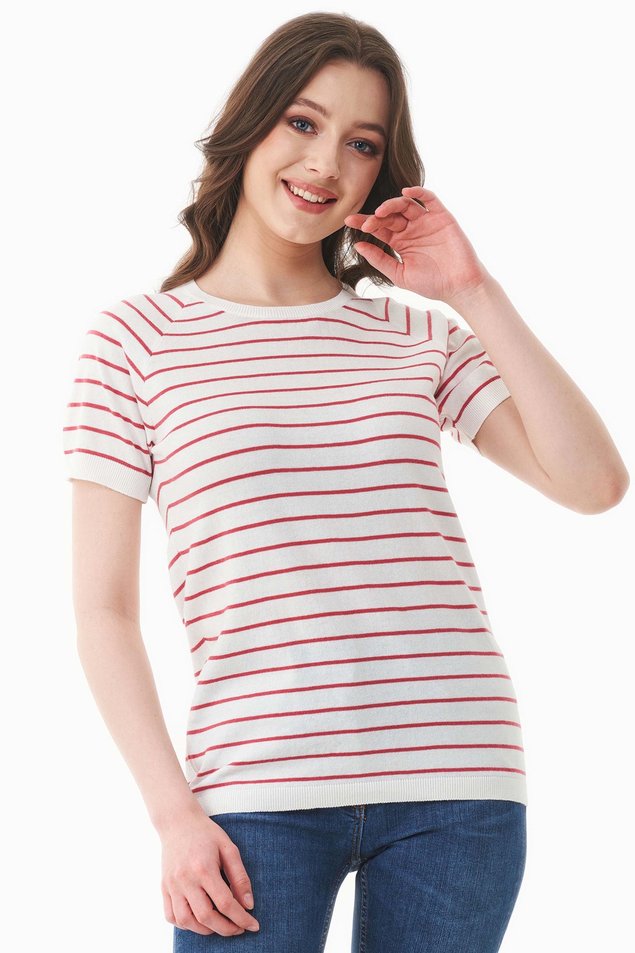 Image of ORGANICATION dames vegan Gebreid Overhemd Gebroken Wit En Stralend Rood