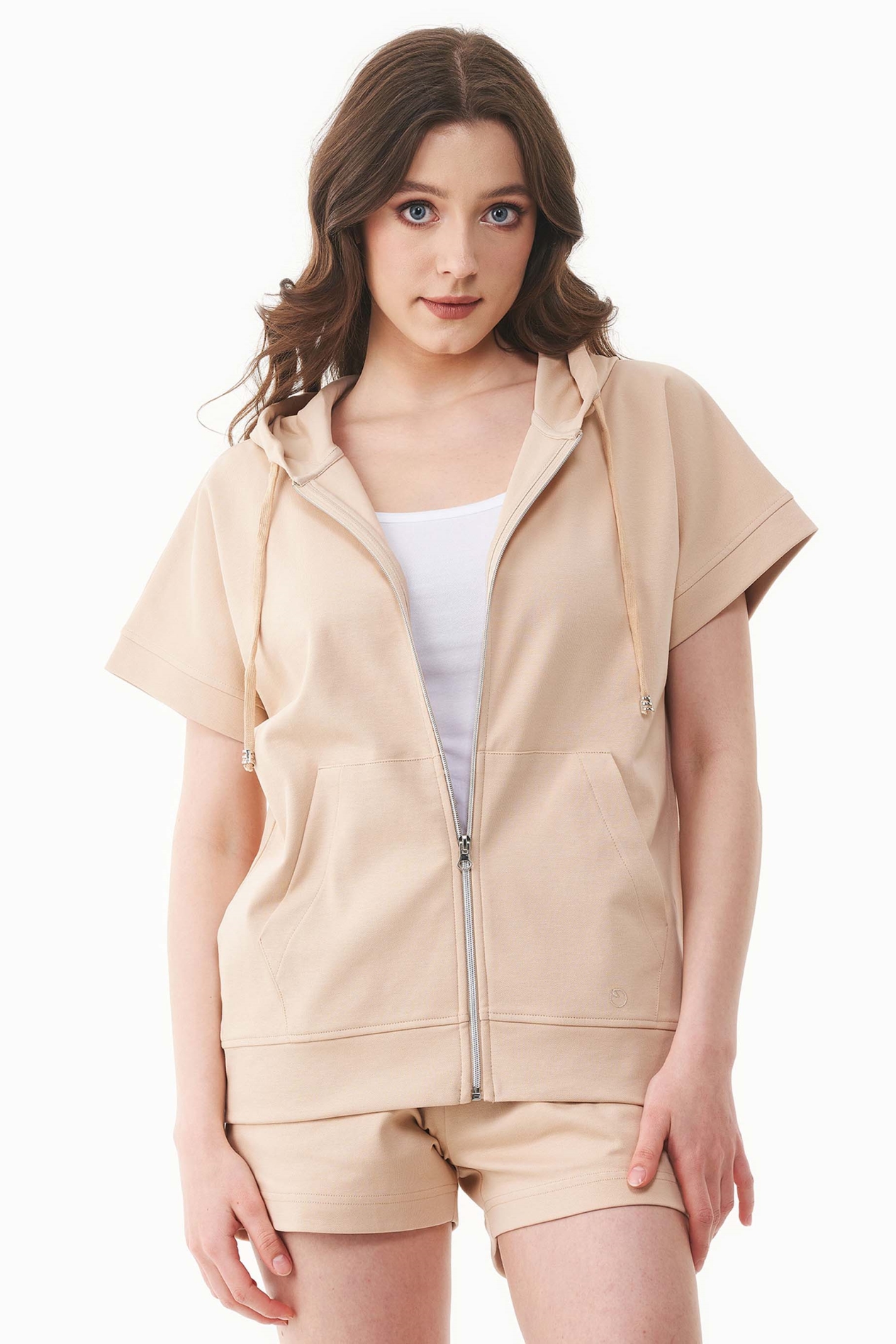 ORGANICATION Damen vegan Hoodie Full-Zip Short-Sleeved Lightweight Soft Beige