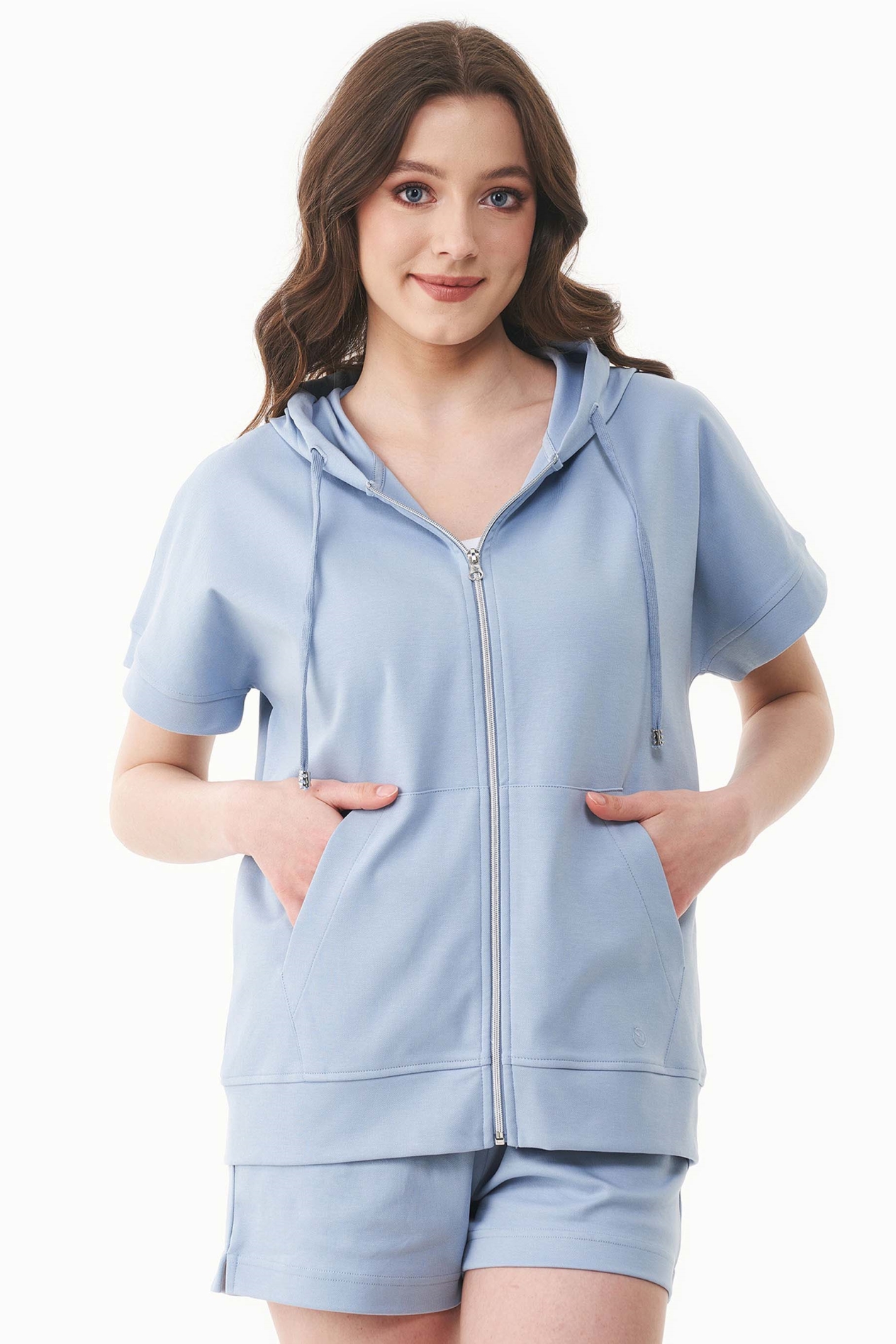 ORGANICATION Damen vegan Hoodie Full-Zip Short-Sleeved Lightweight Eisblau