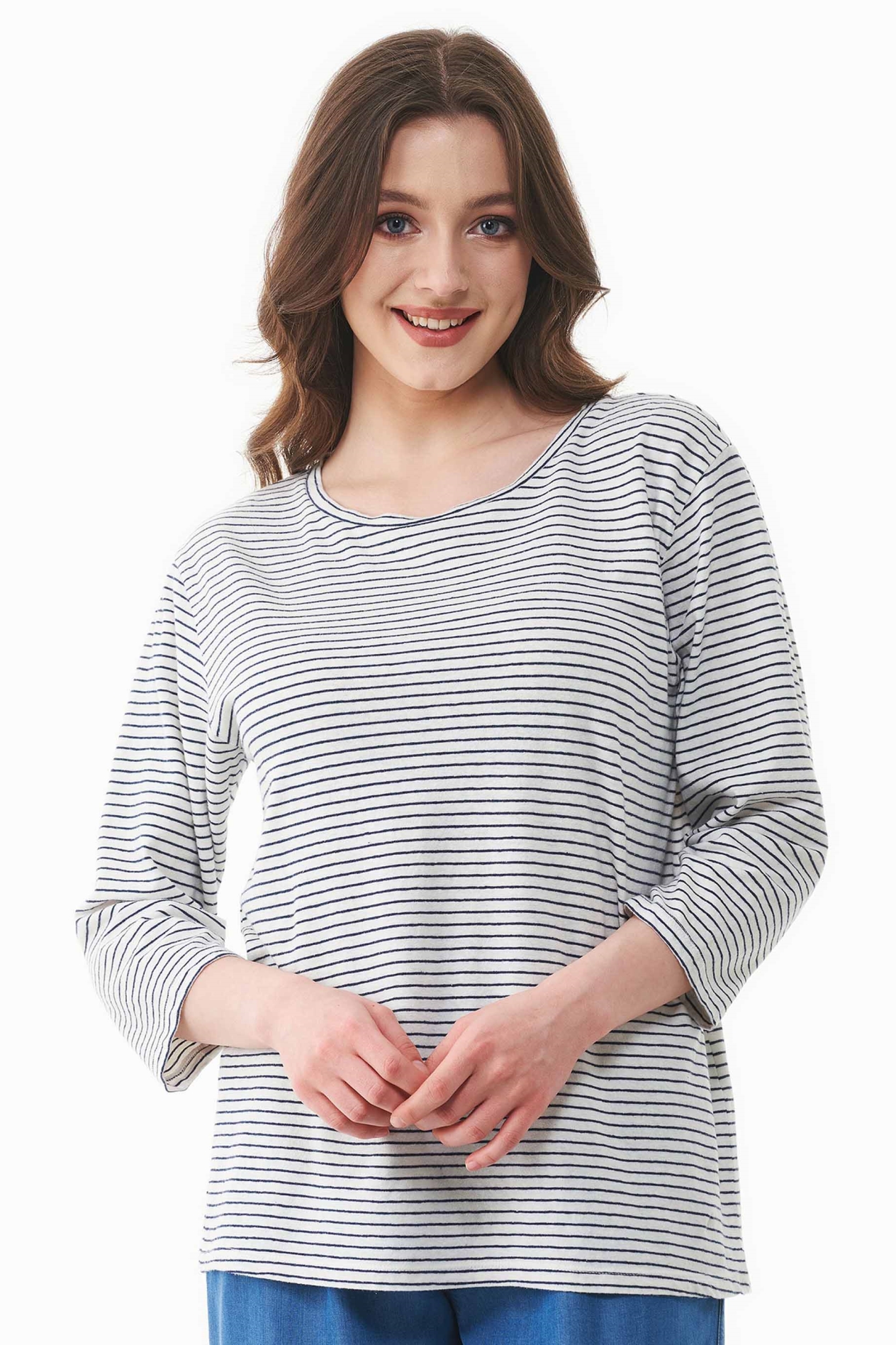 Image of ORGANICATION dames vegan T-Shirt 3/4 Mouw Gebroken Wit En Marineblauw