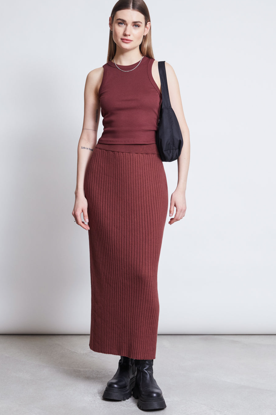 Image of JAN 'N JUNE dames vegan Midi Gebreide Rok Ebba Intense Rust