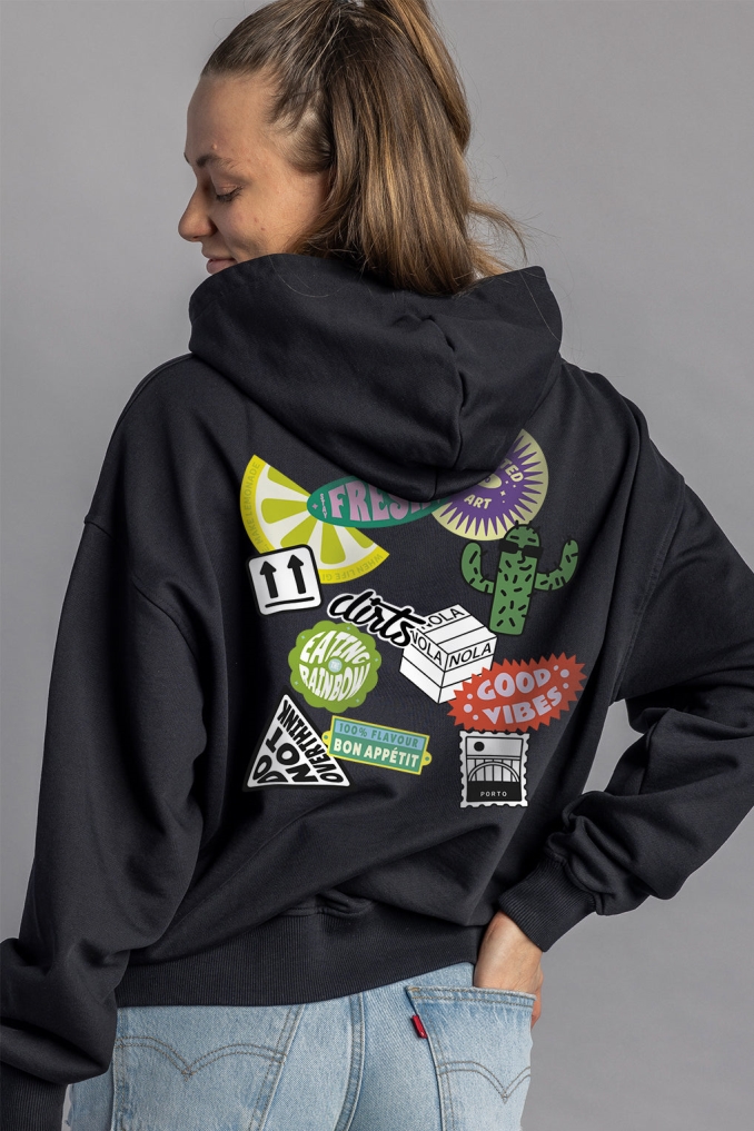 DIRTS Damen vegan Hoodie Oversized Nola Sticker Schwarz