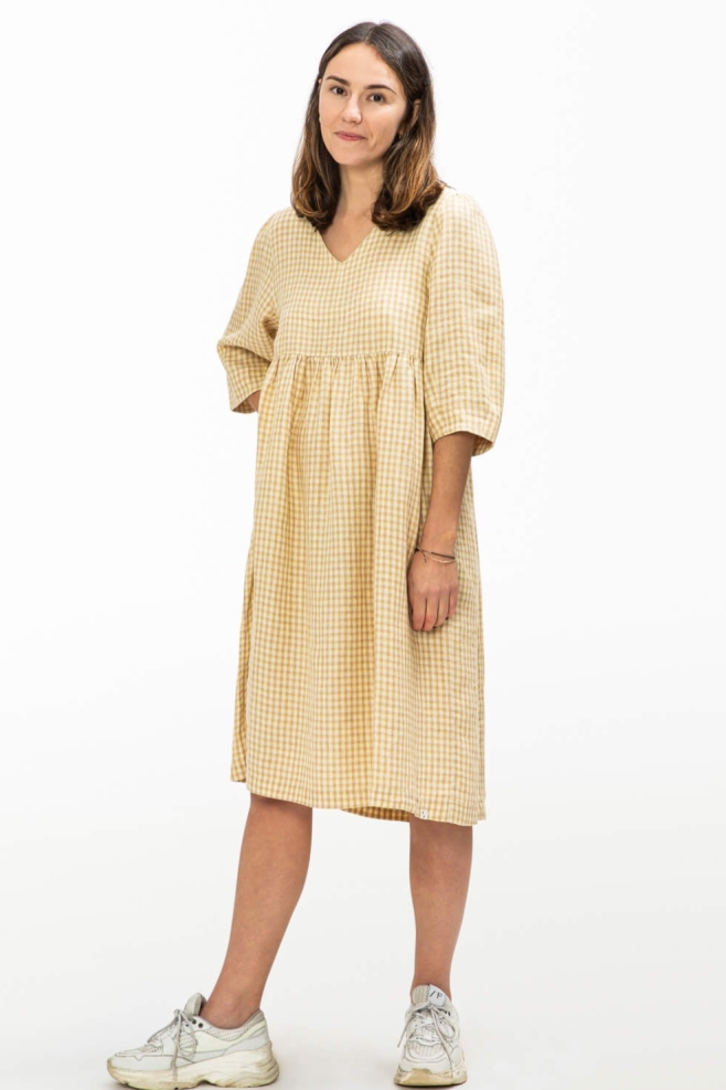 Image of MATONA dames vegan Jurk Dijon Check Geel & Crème