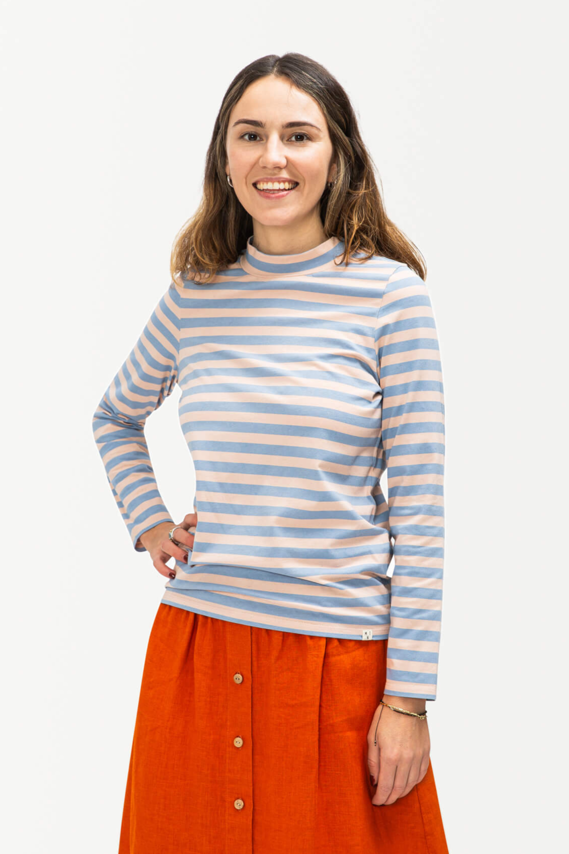 MATONA Damen vegan Kragenloses Langarmshirt Rose Pink & Blau