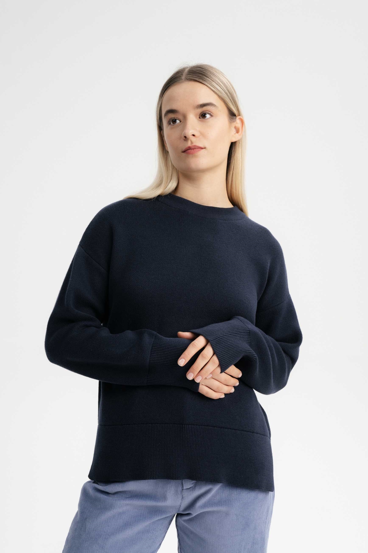 MELA Damen vegan Strickpullover Boxy Jacquard Faiza Marineblau