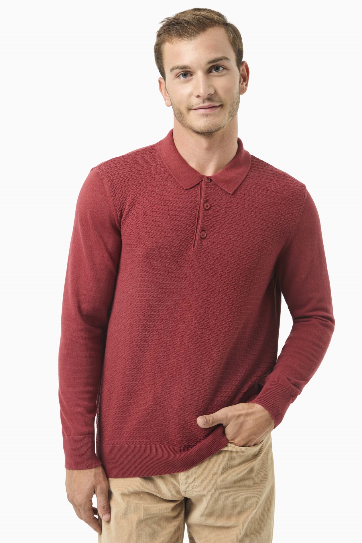 ORGANICATION Herren vegan Pullover Polo Kragen Dunkelrot