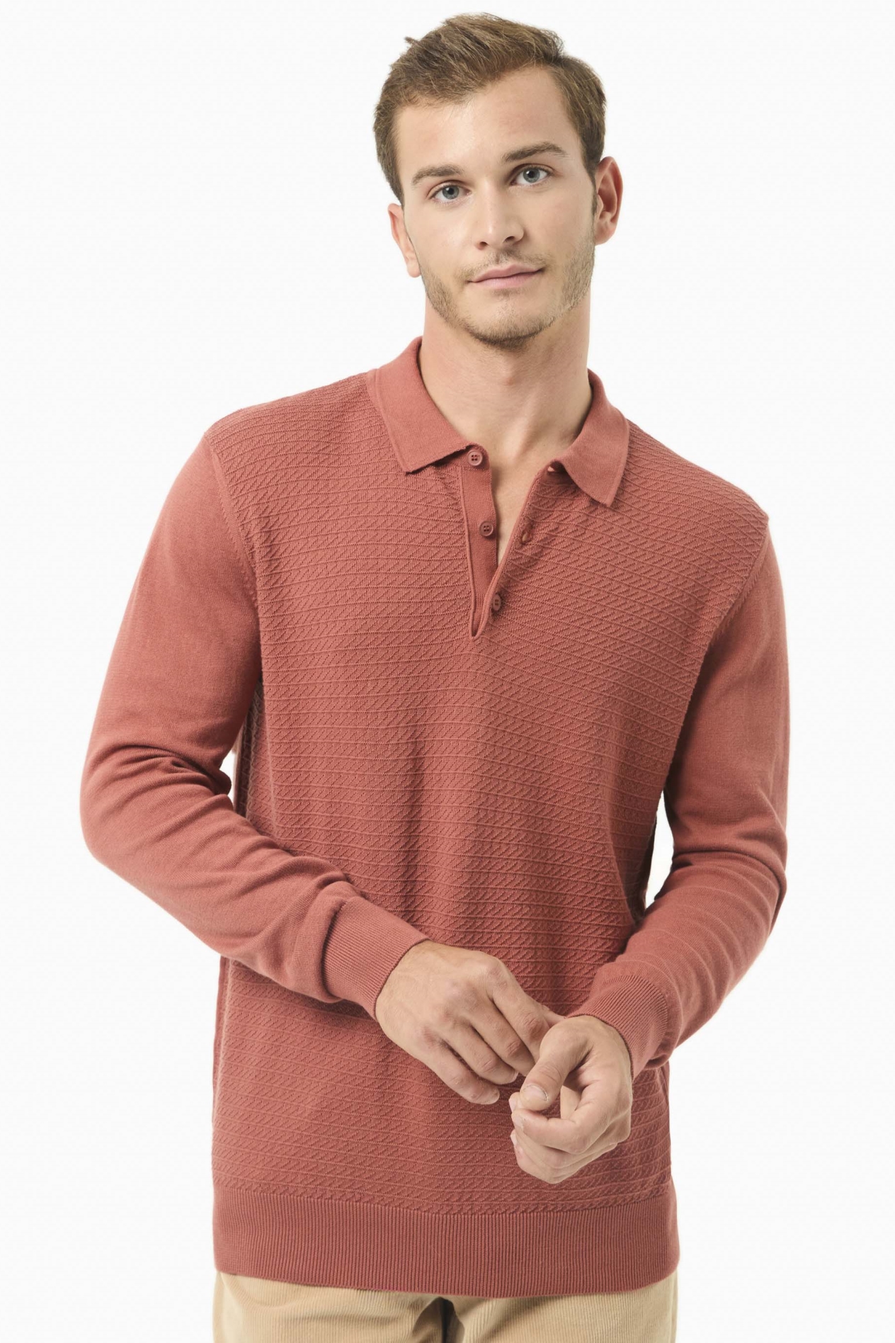 ORGANICATION Herren vegan Pullover Polo Kragen Zimt Hellbraun