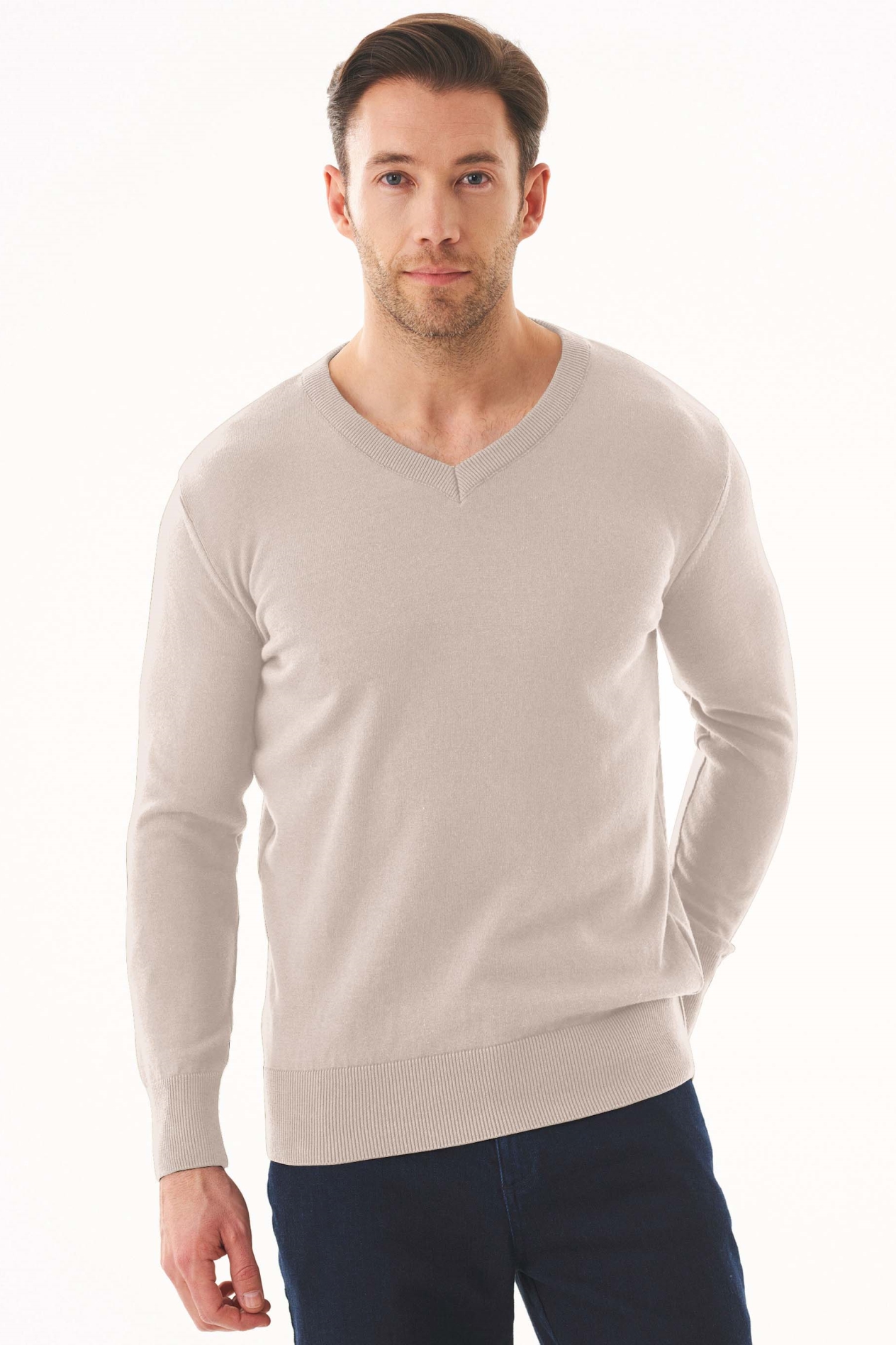 ORGANICATION Herren vegan Pullover V-Ausschnitt Beige