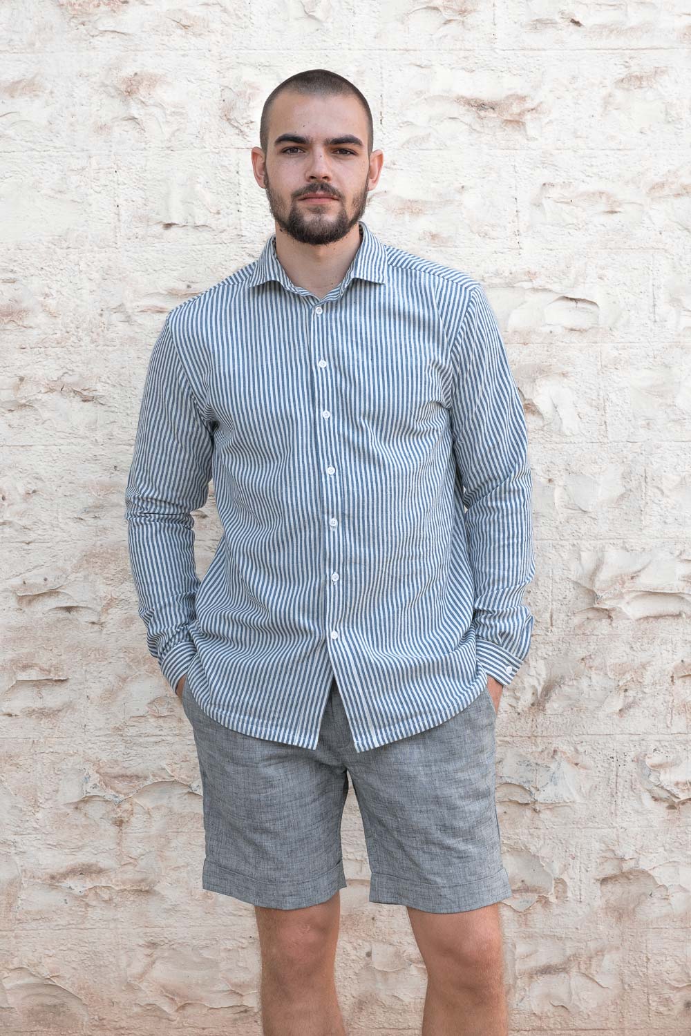 Jyoti Fair Works Herren vegan Hemd Himat Gestreift Blau