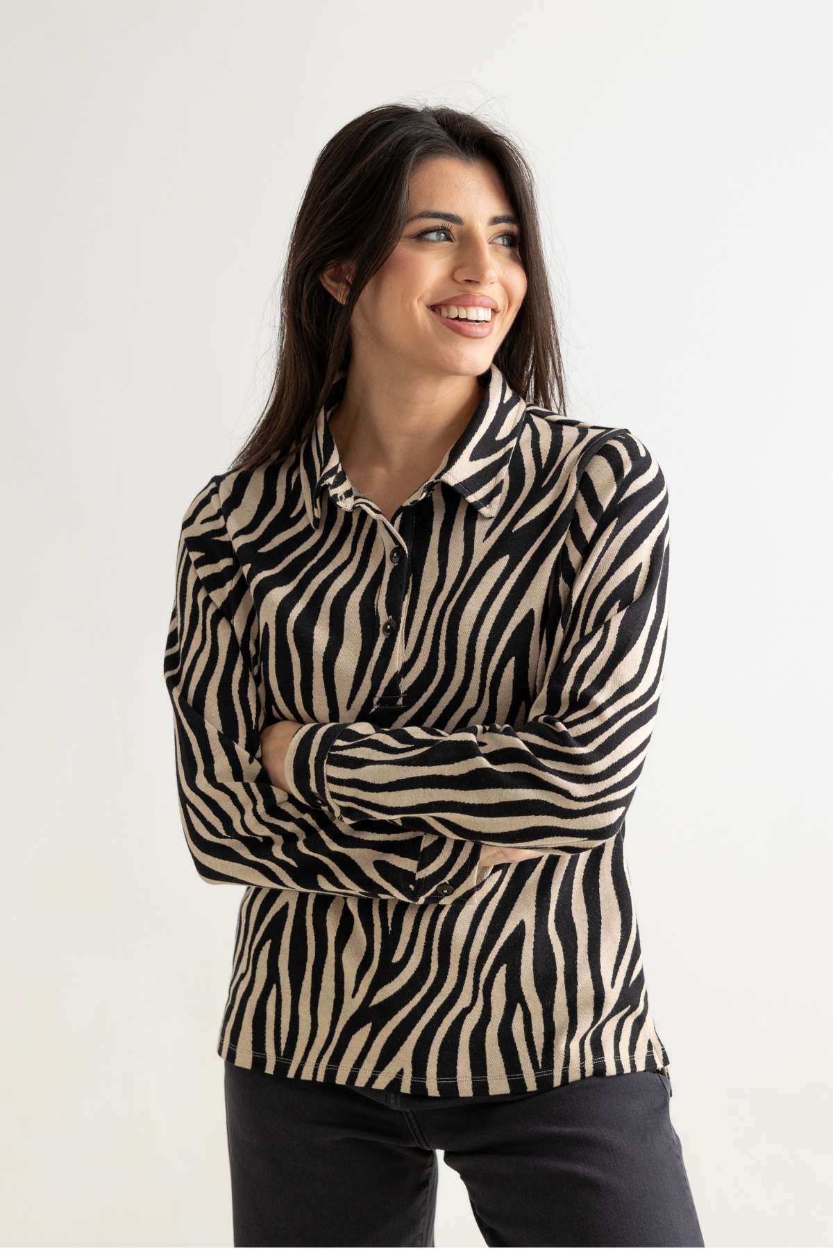 Clotsy Damen vegan Poloshirt Stripes Beige / Schwarz