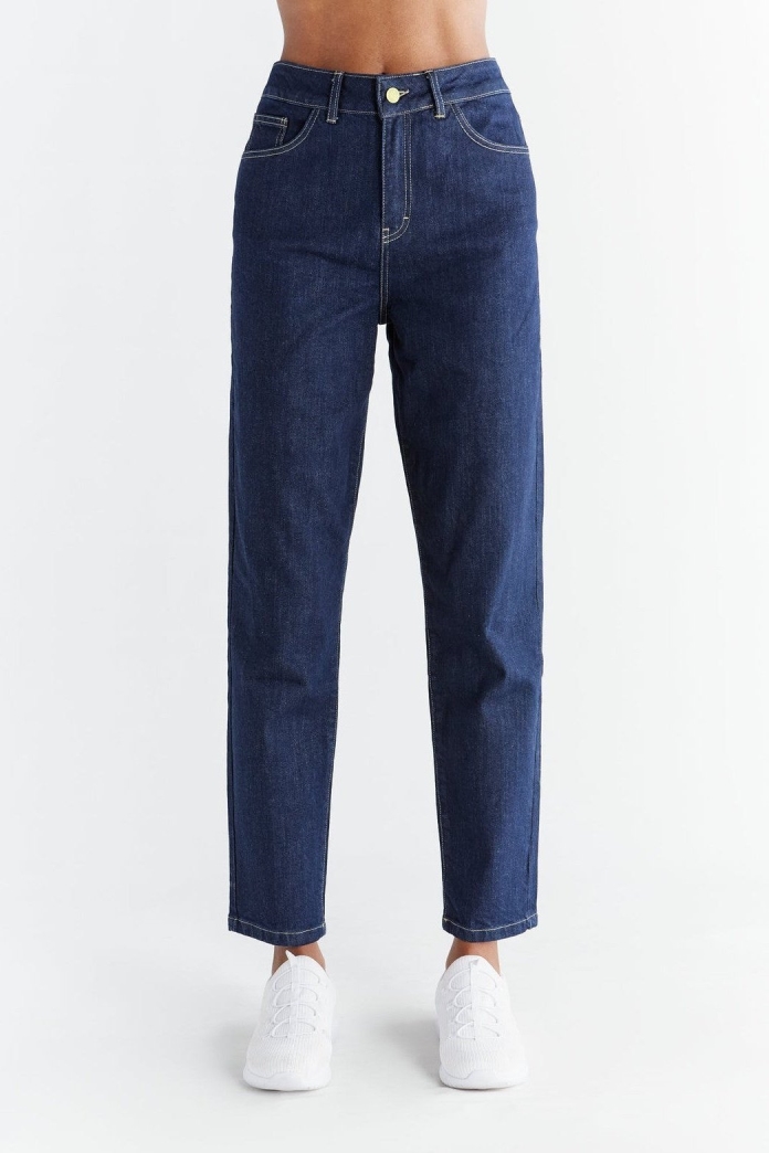 Evermind Damen vegan Jeans Mom Fit Dunkel Schiefer Blau