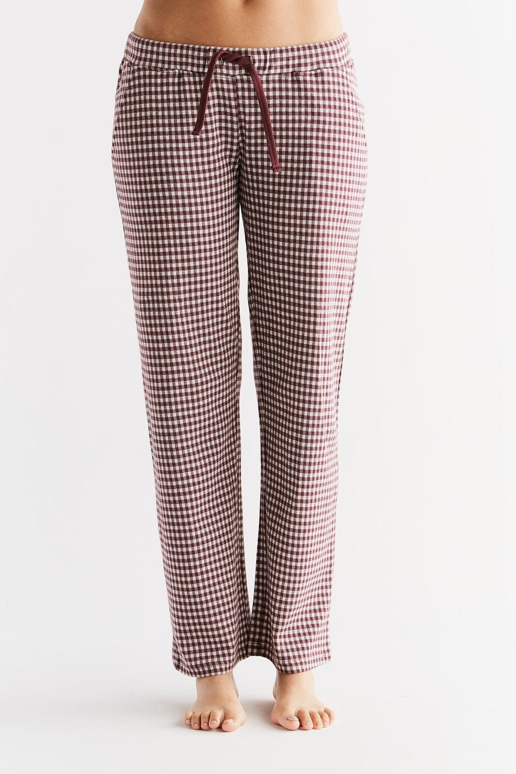 Leela Cotton womens vegan Pants Plaid Aubergine Purple / Natural White