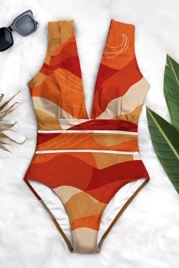 Averie Damen vegan Badeanzug Deep Plunge One Piece Maron Red Moon Print