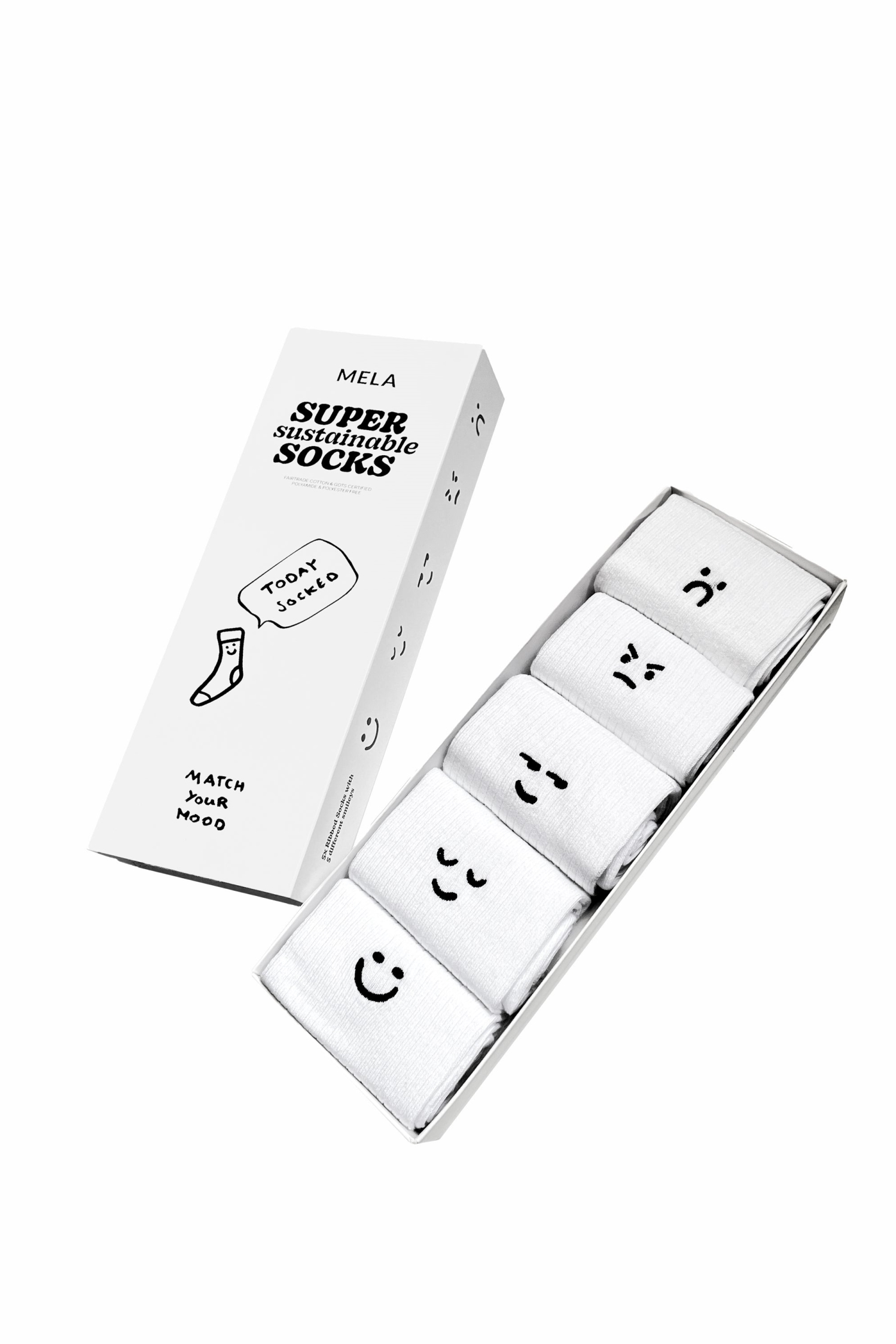 MELA womens vegan Multipack X5 Ribbed Socks Unisex Embroidery Smiley Moods White