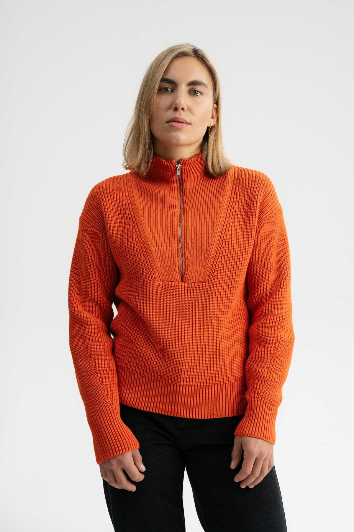 MELA Damen vegan Troyer Rippenstrick Kimaya Orange Ziegel
