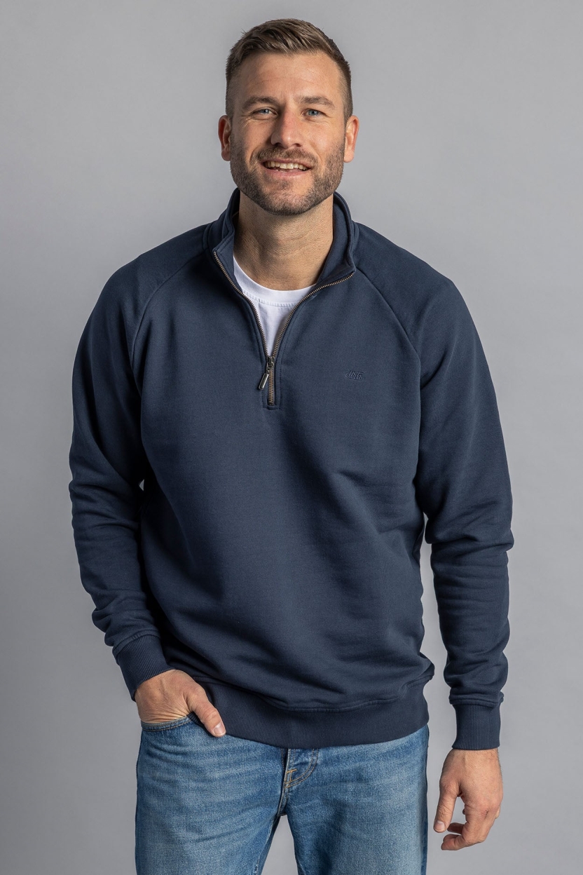 DIRTS Herren vegan Pullover Unisex Viertelreißverschluss Raglan Marineblau
