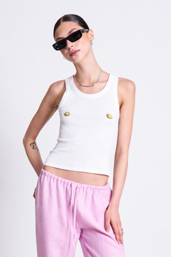 JAN N JUNE JAN 'N JUNE Damen vegan Bedrucktes Tank-Top Amager WeiÃŸ-Oliv
