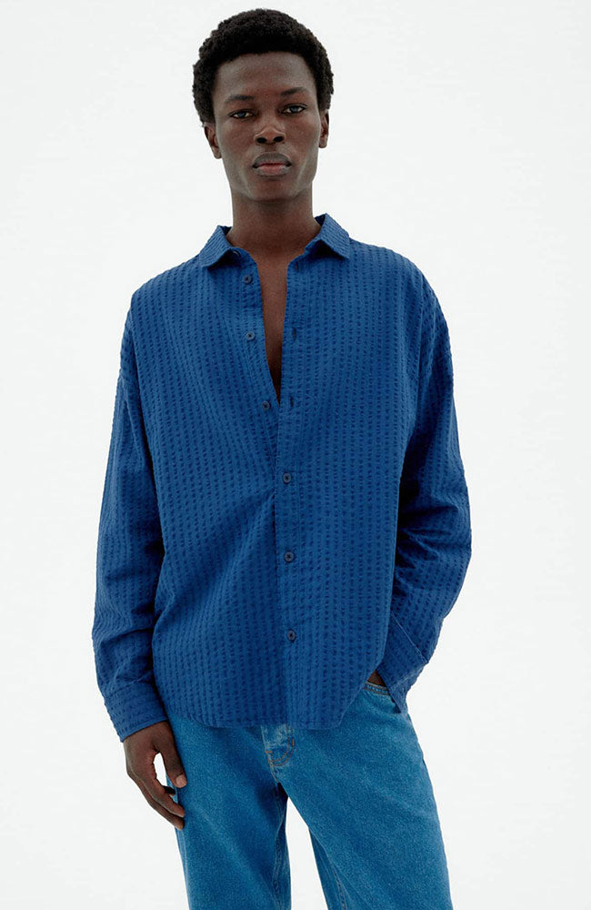 Thinking mu Herren vegan Hemd Seersucker Haru Blau