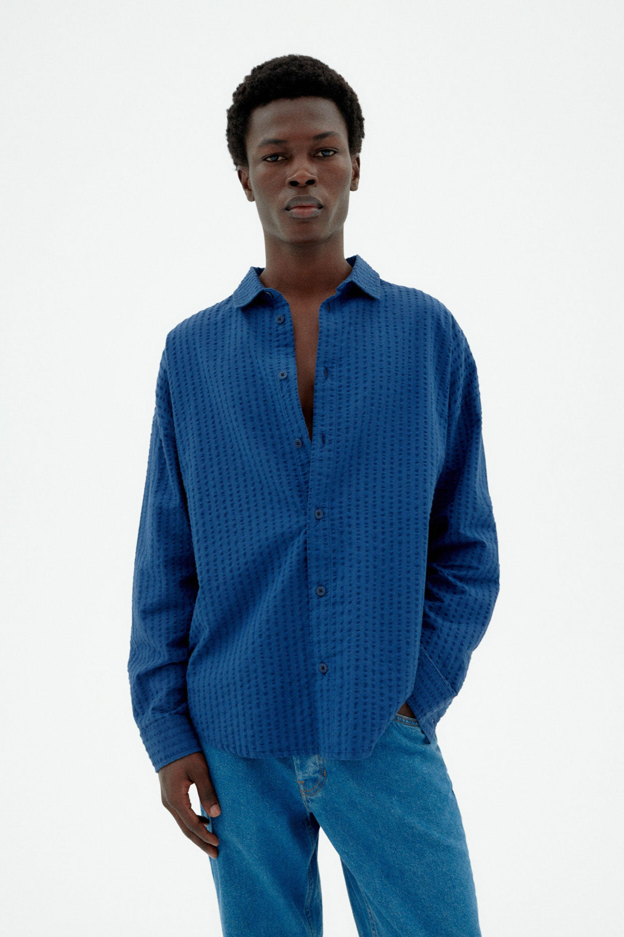 Thinking MU Herren vegan Hemd Seersucker Haru Blau