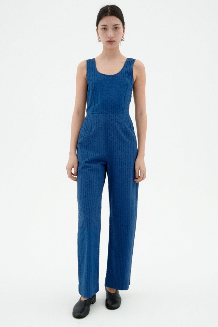 Thinking mu Damen vegan Jumpsuit Seersucker Raflesia Blau