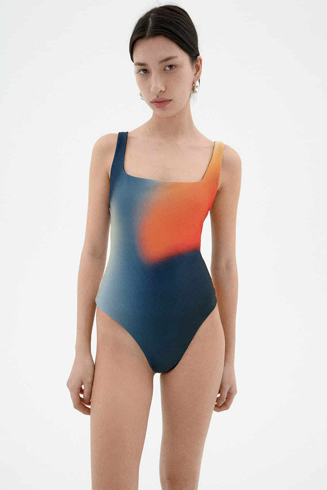 Thinking MU Damen vegan Badeanzug Bookeh Amalfi Blau Orange