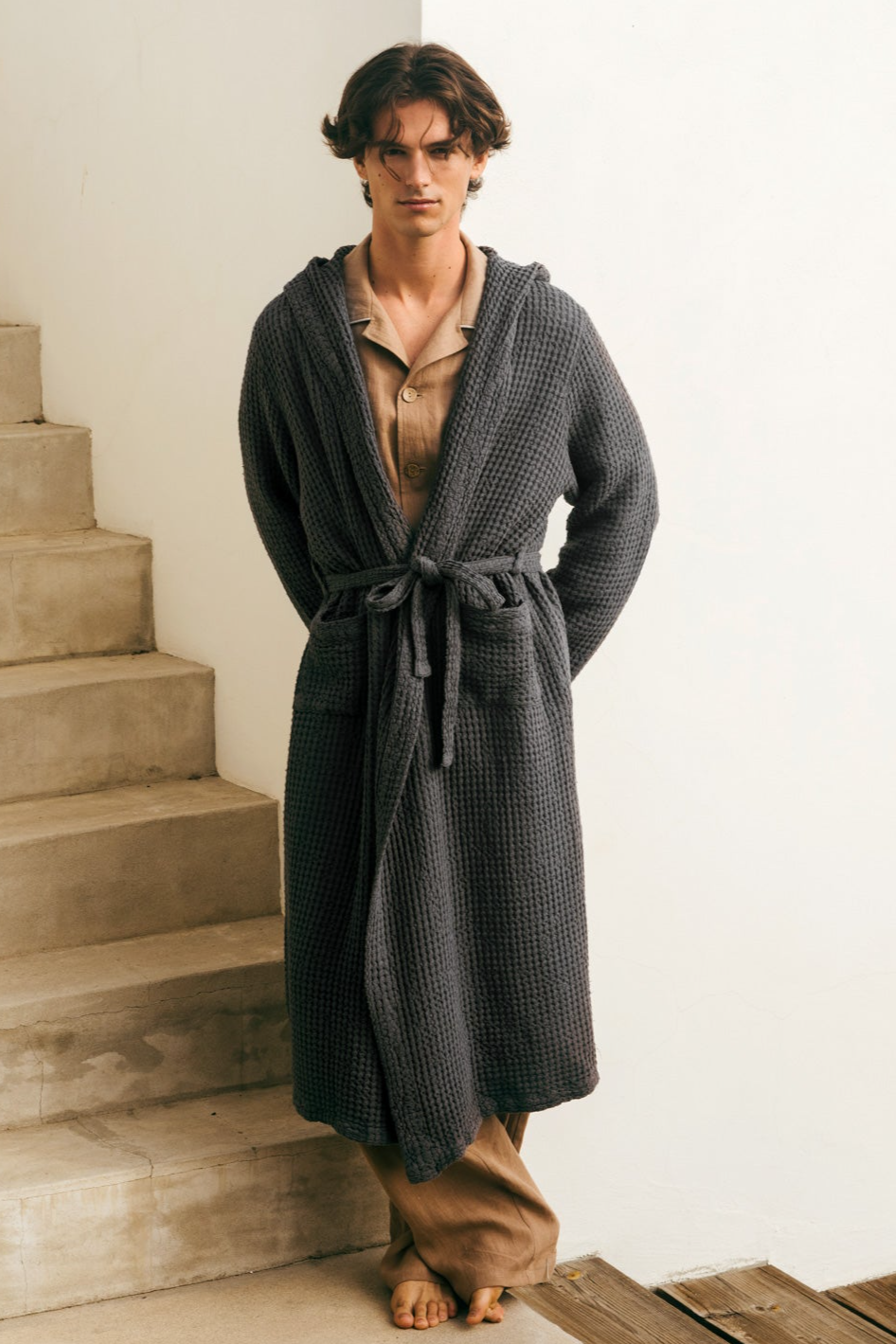 Image of AmourLinen mannen vegan Badjas Wafel Houtskool