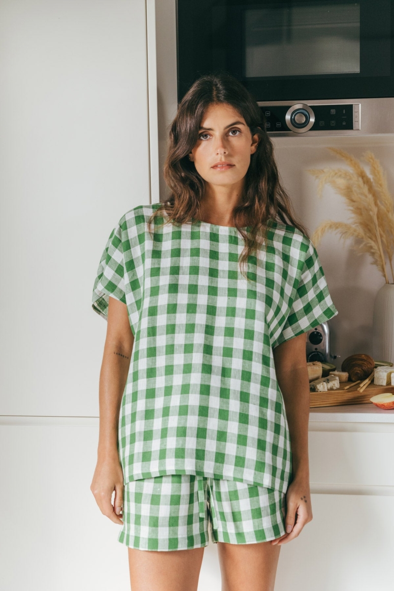 AmourLinen Damen vegan Set Pyjama Cloud Nine Grün Gingham