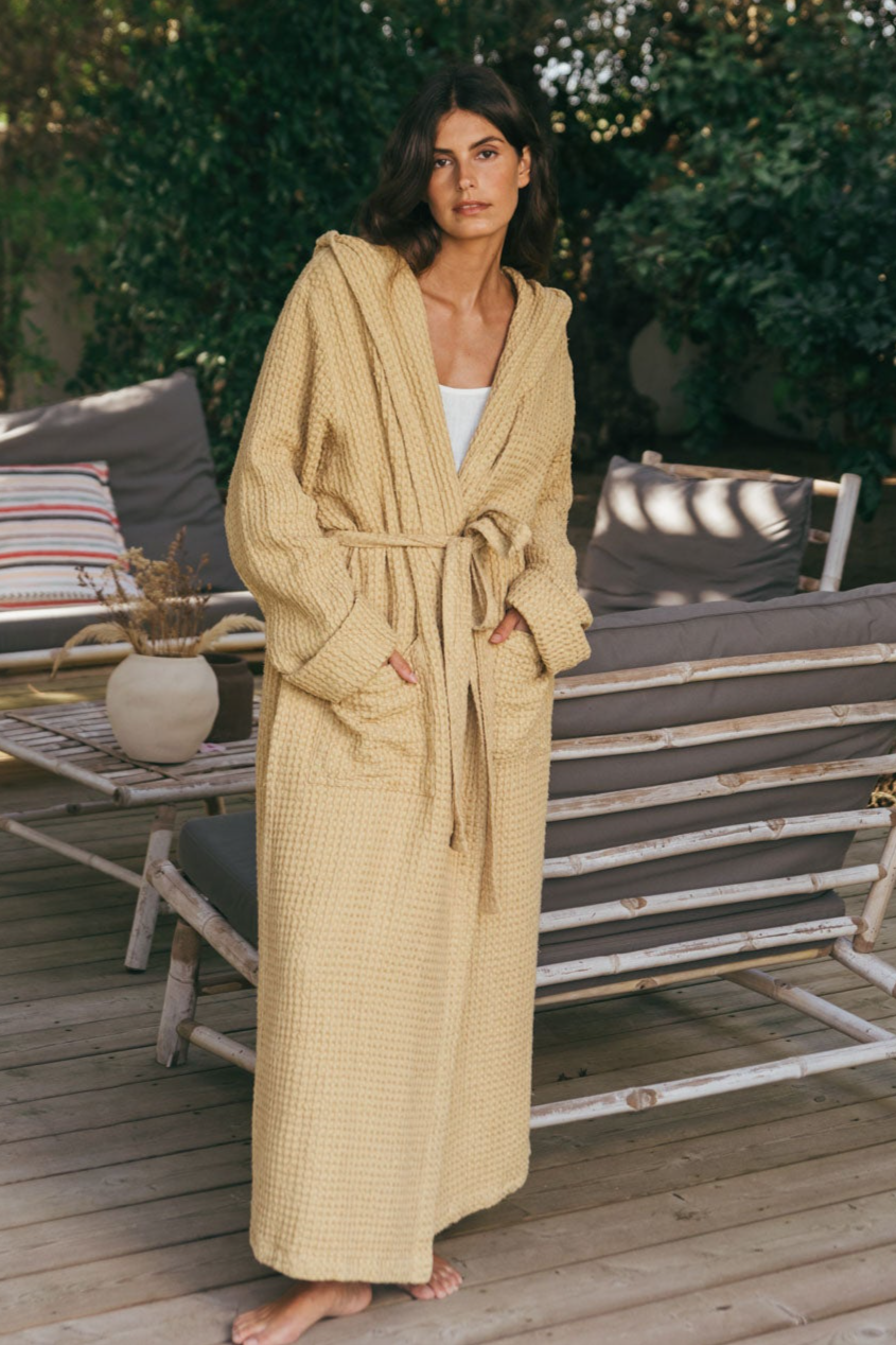 AmourLinen Damen vegan Bademantel Waffel Snuggle Senf