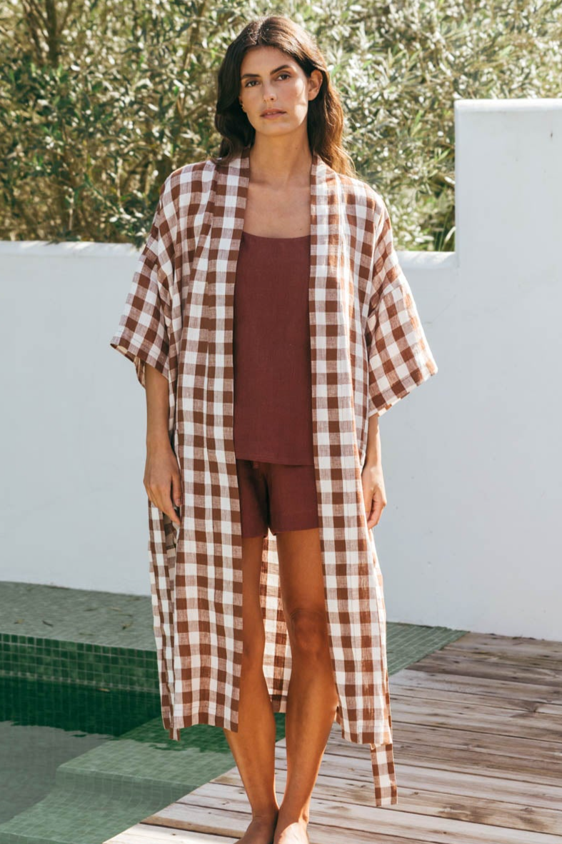AmourLinen Damen vegan Bademantel Midnight Mocha Gingham