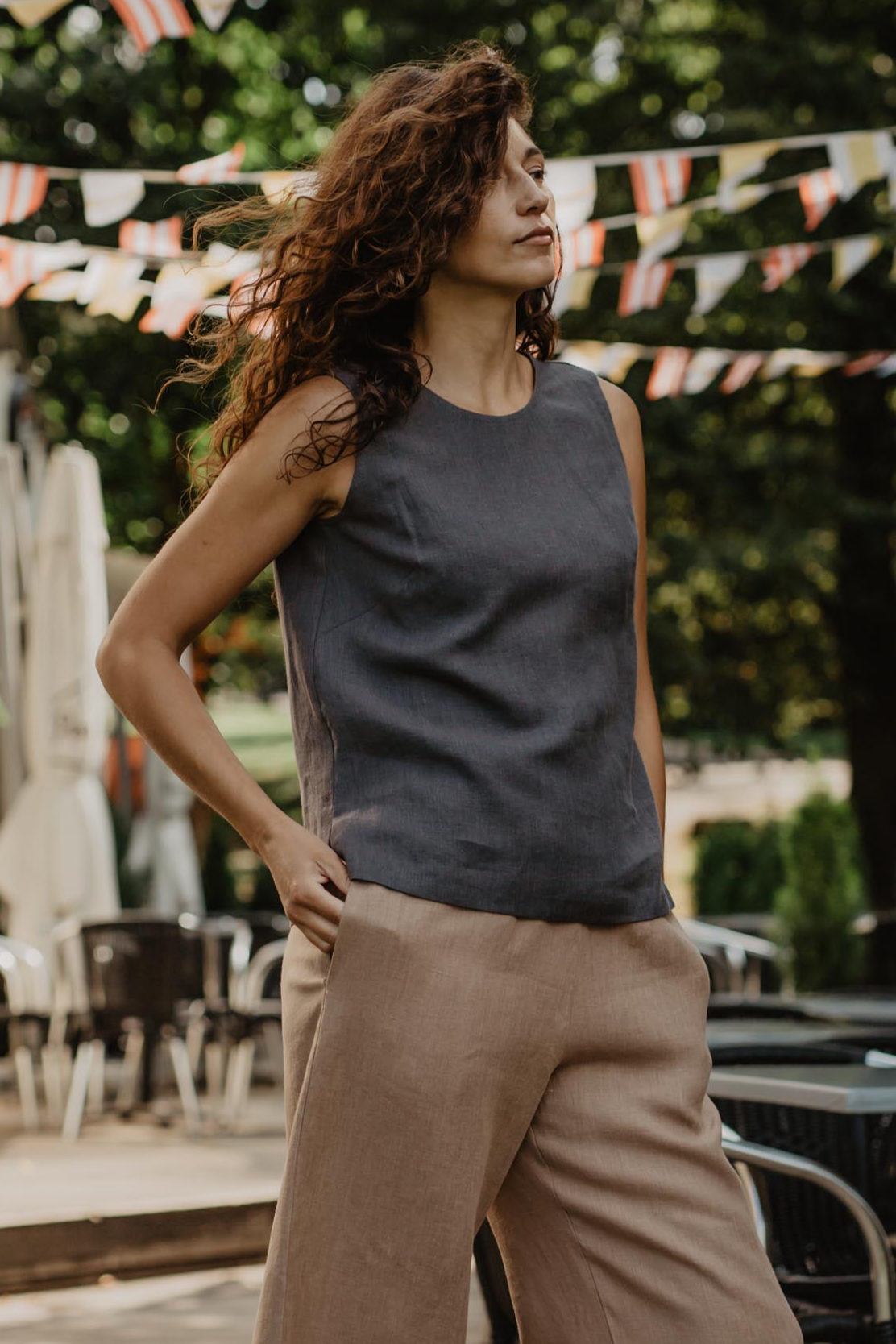 AmourLinen Damen vegan Oberteil Klassisch Colette Holzkohle
