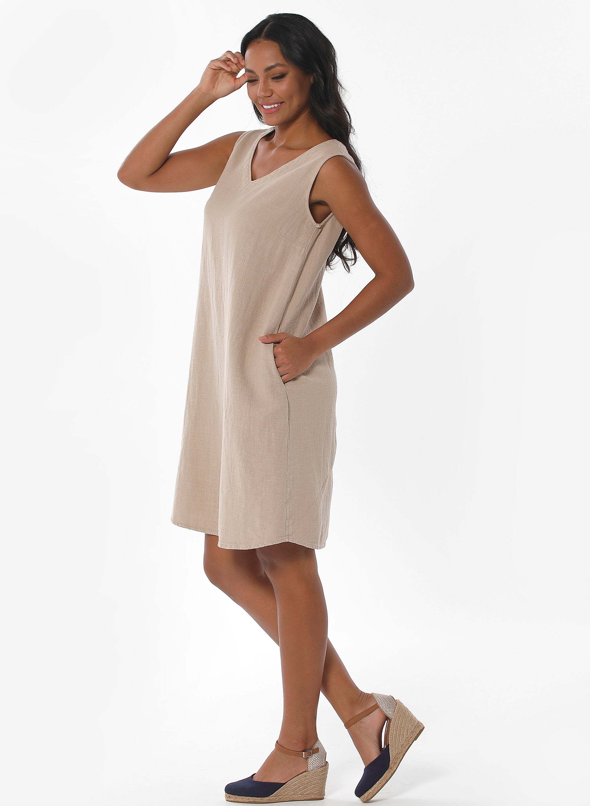 59121 - Damen vegan Kleid Ärmellos Beige 59121 - Damen vegan Kleid Ärmellos Beige