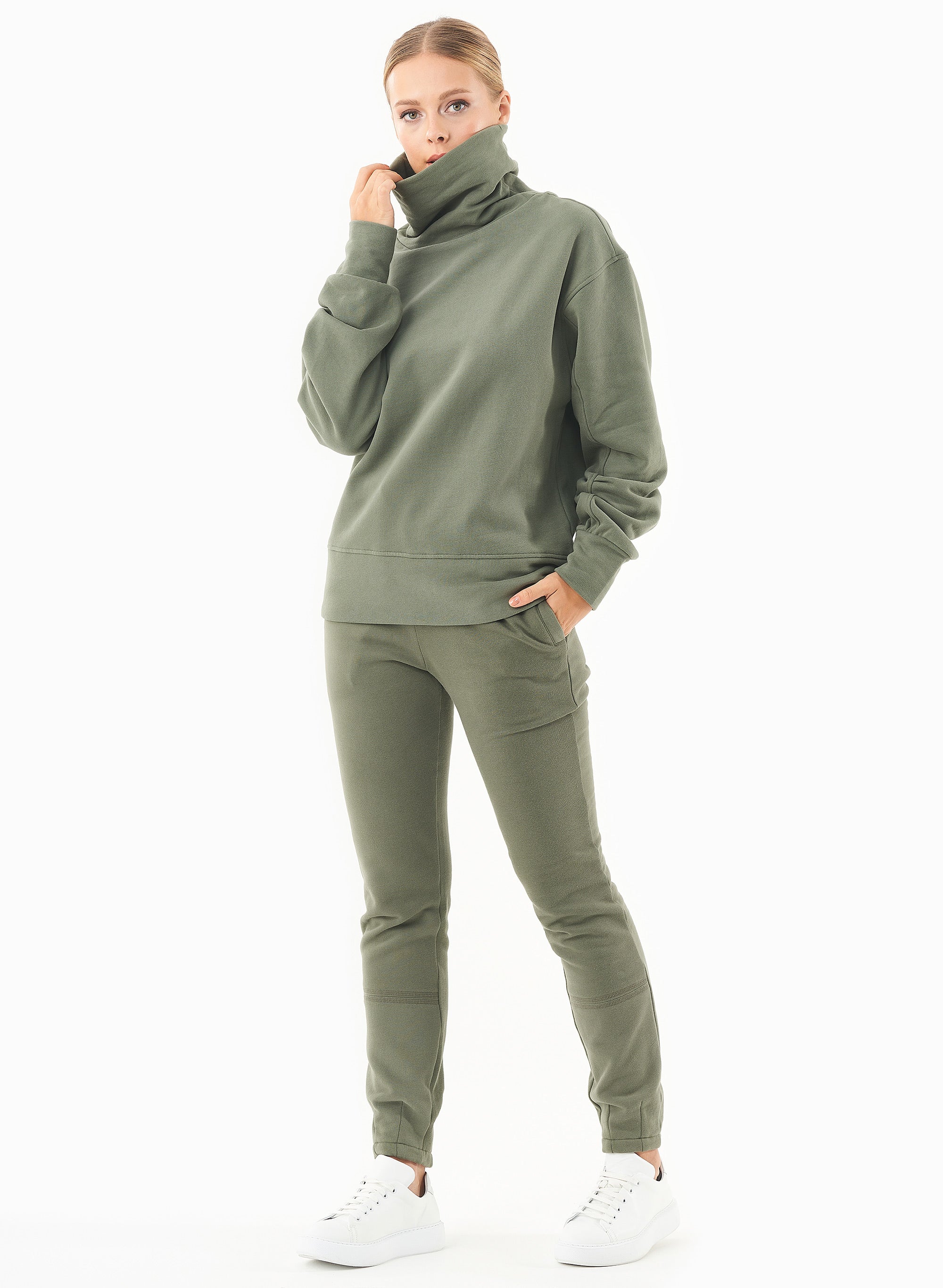 64491 - Damen vegan Pullover Rollkragen Bio-Baumwolle Oliv 64491 - Damen vegan Pullover Rollkragen Bio-Baumwolle Oliv