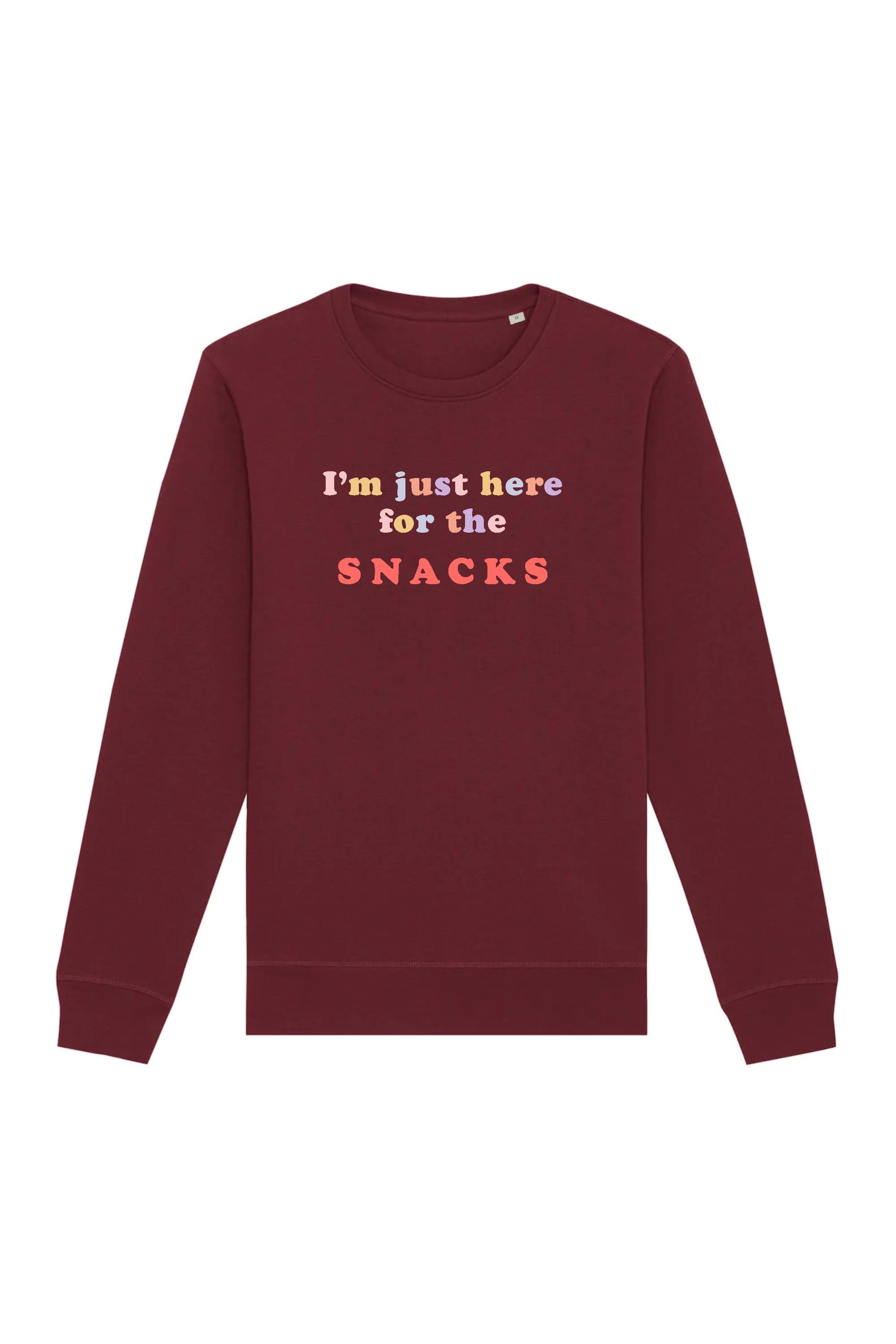 Image of Oat Milk Club dames vegan Sweatshirt Just Here For The Snacks Bordeaux