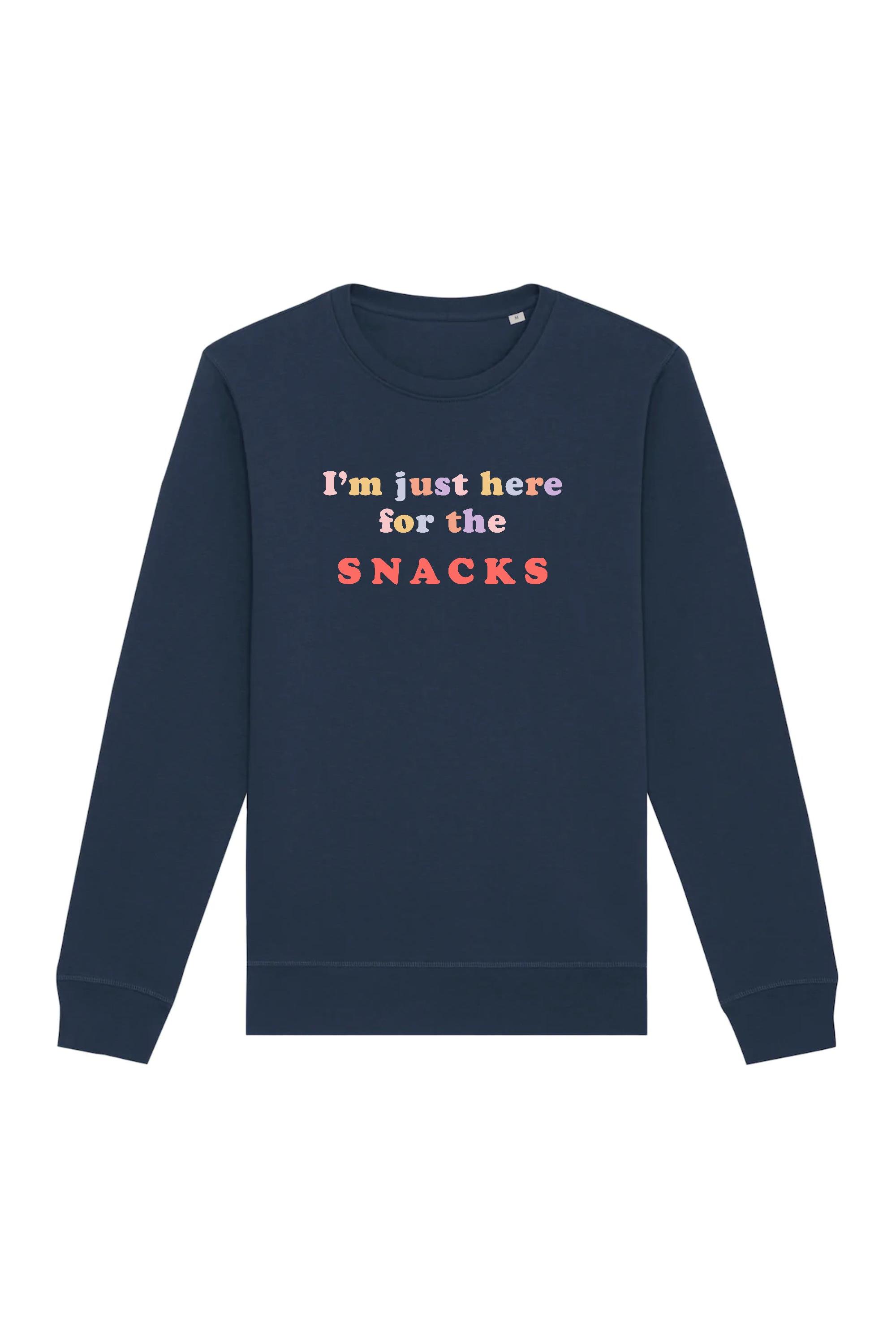 Image of Oat Milk Club dames vegan Sweatshirt Just Here For The Snacks Navy