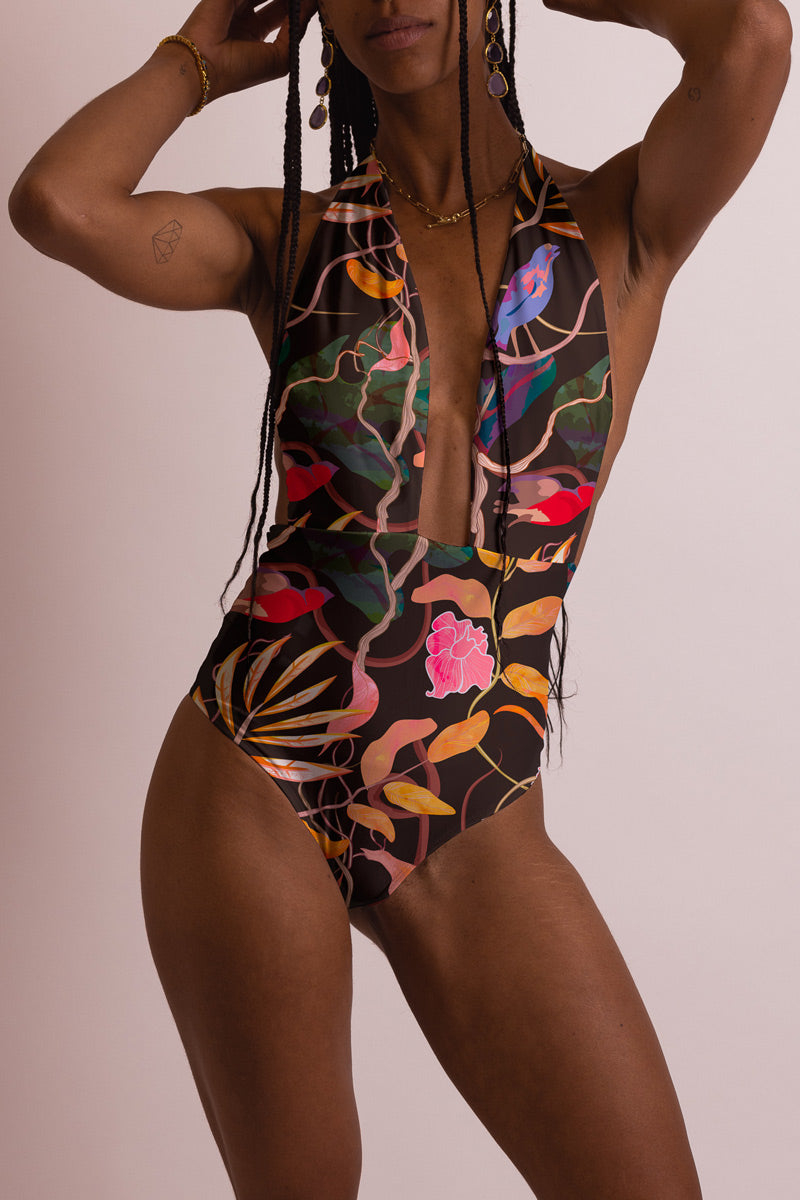 Image of Averie dames vegan Zwempak Halter Uit Een Stuk Antonella Botanische Print Op Zwart