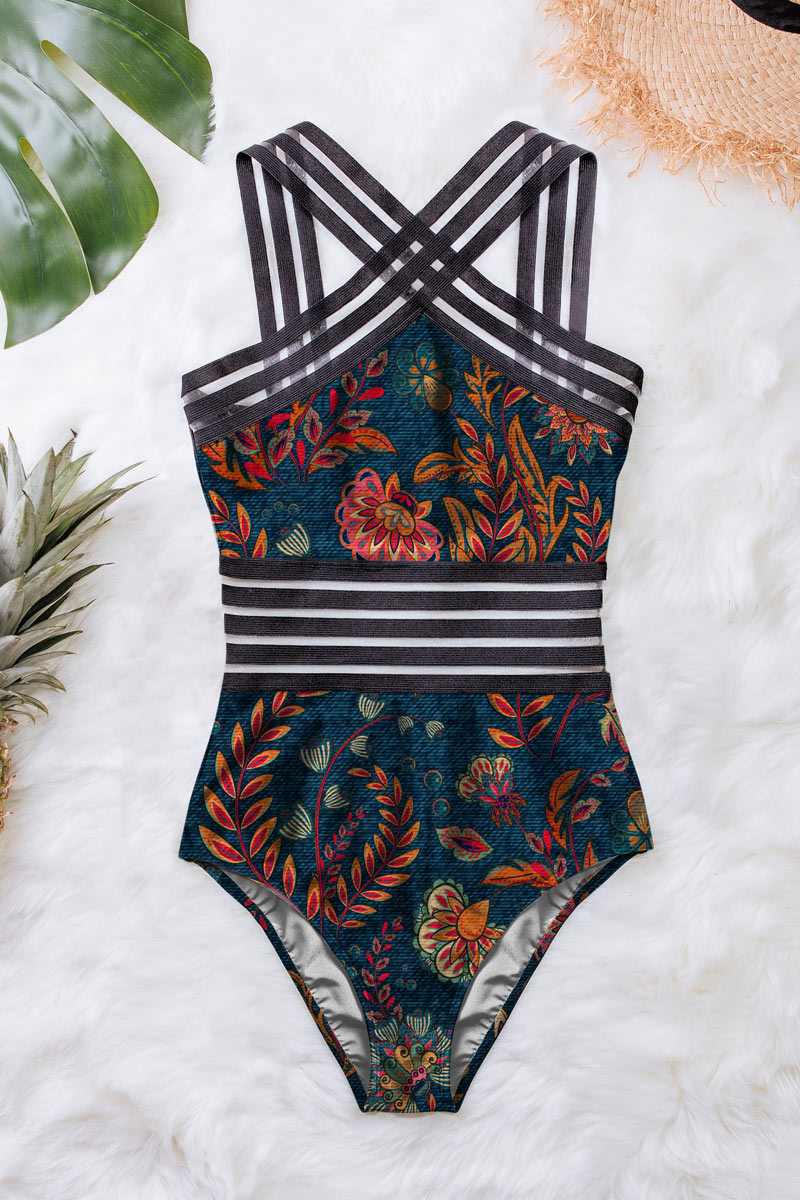 69212 - Damen vegan Badeanzug Crossover One-Piece Halley Flowery Print On Cobalt Blue 69212 - Damen vegan Badeanzug Crossover One-Piece Halley Flowery Print On Cobalt Blue