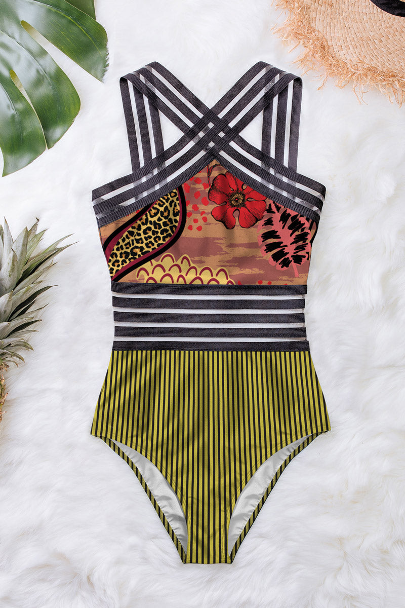 Averie womens vegan Swimsuit Crossover One-Piece Narelle Rouge Floral And Stripe