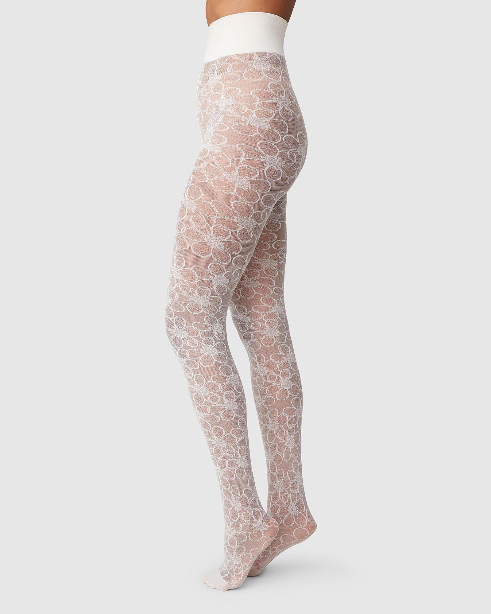 Swedish Stockings womens vegan Tights Maja Flower Ivory White