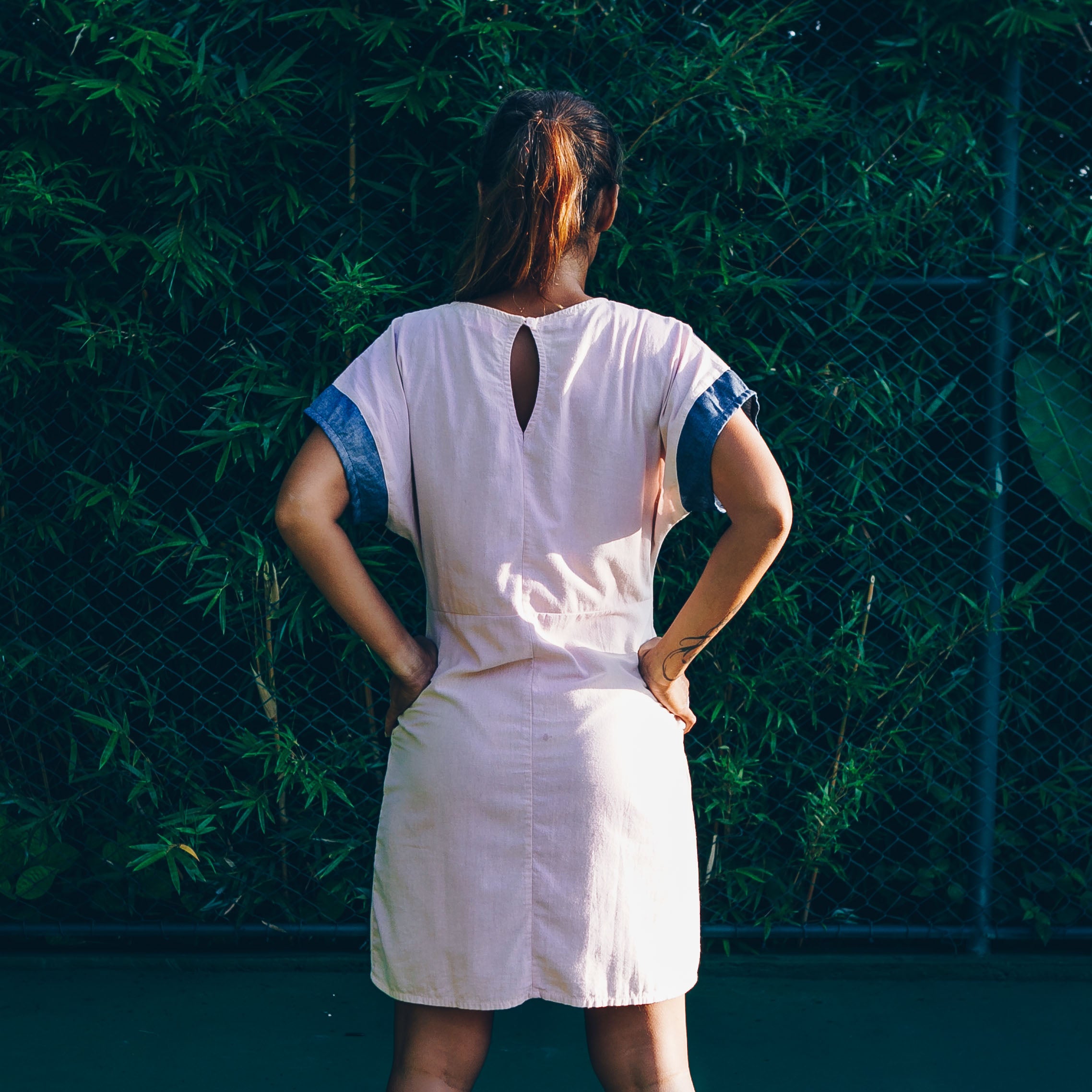 71338 - Damen vegan Kleid Re-Denim Rosa & Blau