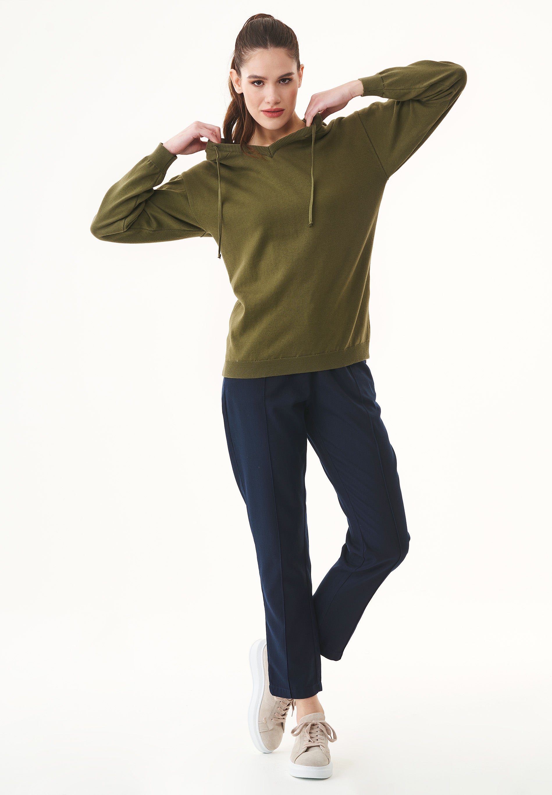 71628 - Damen vegan Hoodie Feinstrick Khaki Grün 71628 - Damen vegan Hoodie Feinstrick Khaki Grün